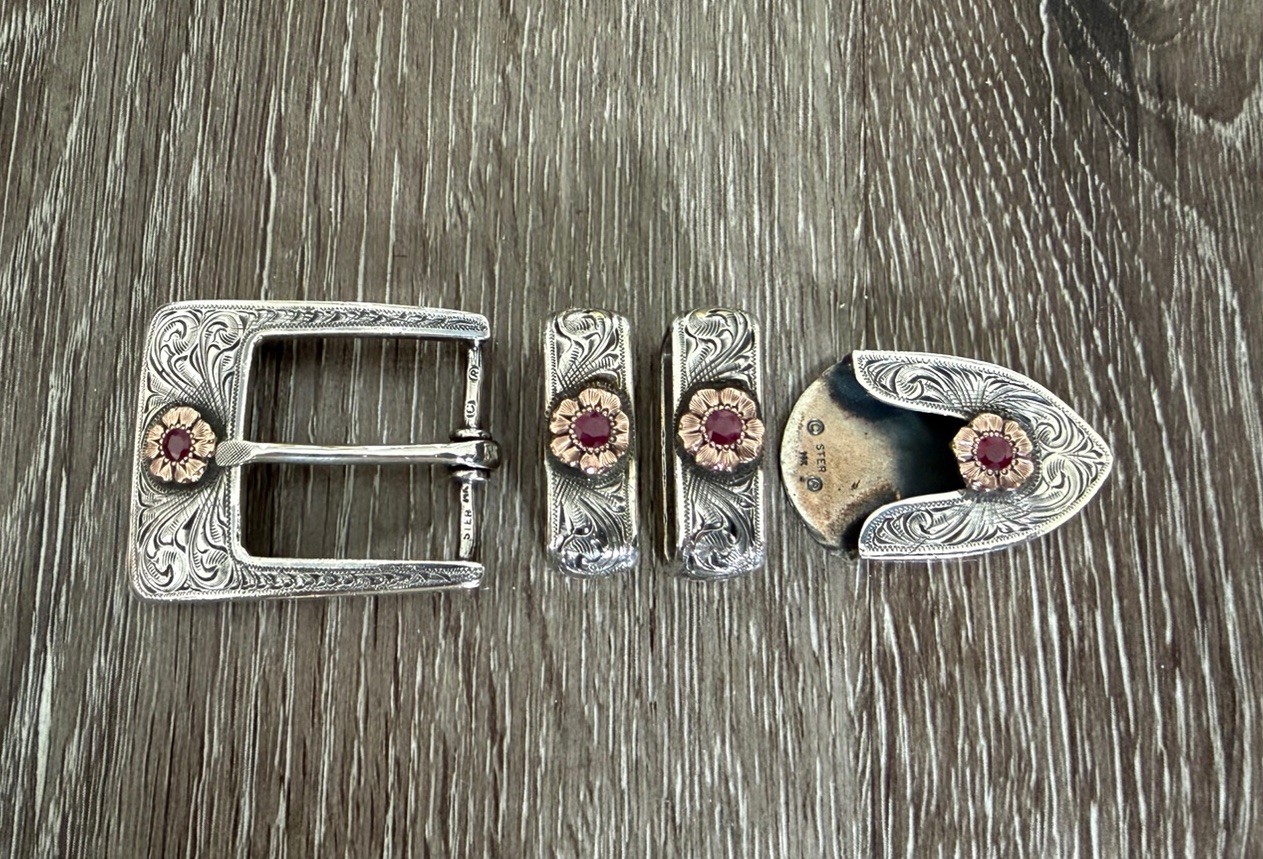 Clint Orms 14k Gold + Ruby belt buckle Set
