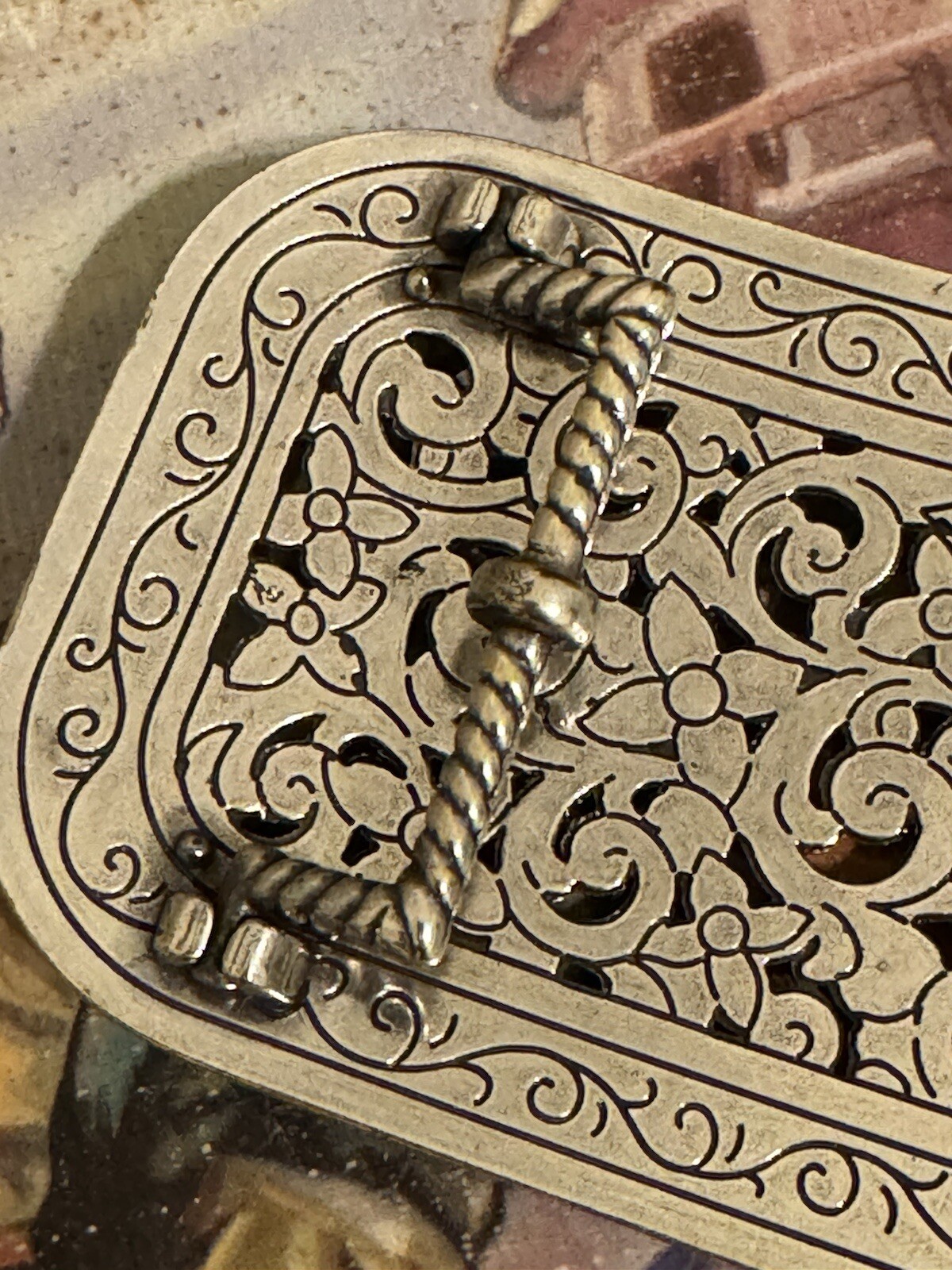 Rhinestone Belt Buckle Rectangle Floral Silver Bling Filigree Accents