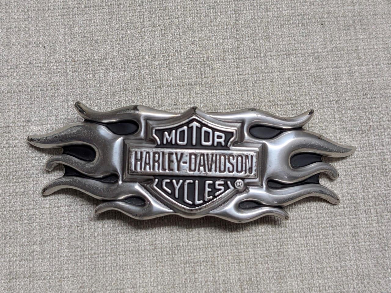 vintage Y2K belt buckle HARLEY DAVIDSON motorcycle FLAMES chrome metal WESTERN