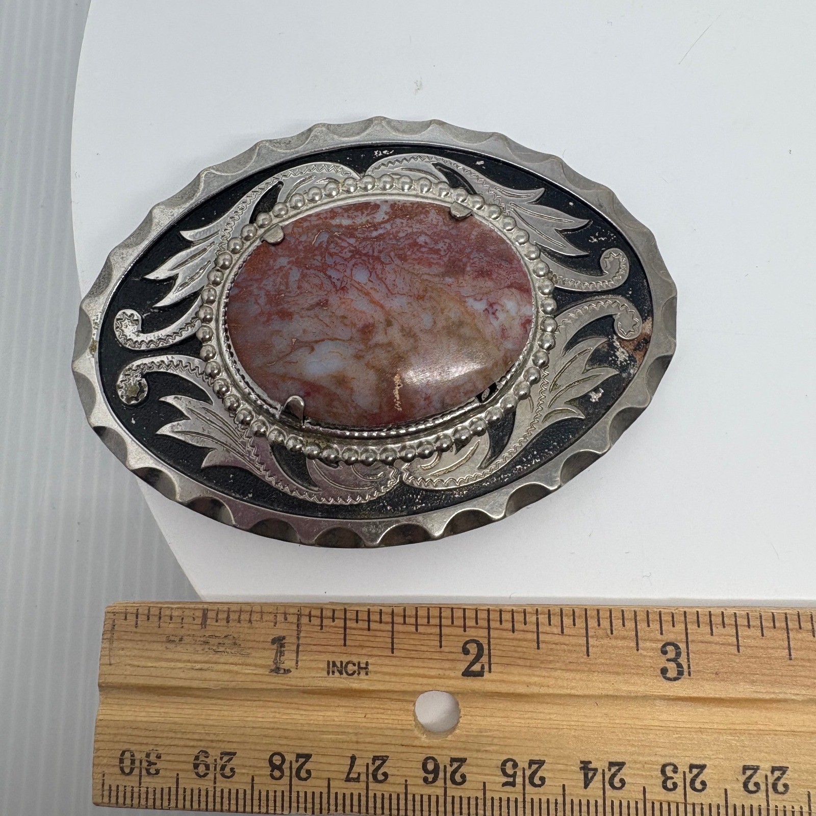 Western Interchangeable Stone Belt Buckle Silver Tone Agate Jasper 3.5in