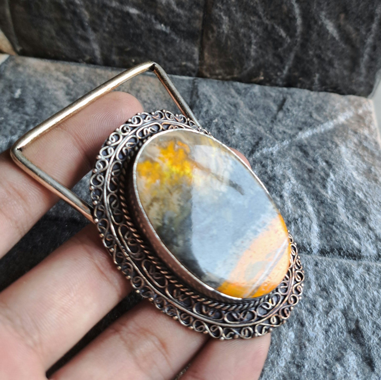 Bumblebee Jasper Oval Silver Plated Belt Buckle Bold Yellow Black Western Unisex