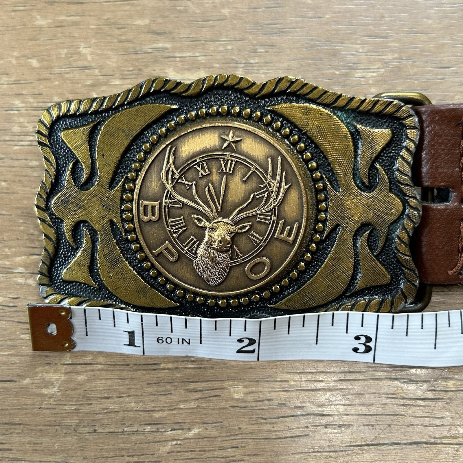 Brass BPOE ELKS Belt Buckle w/ Brown Leather Belt Size 34-36 Fraternal Order