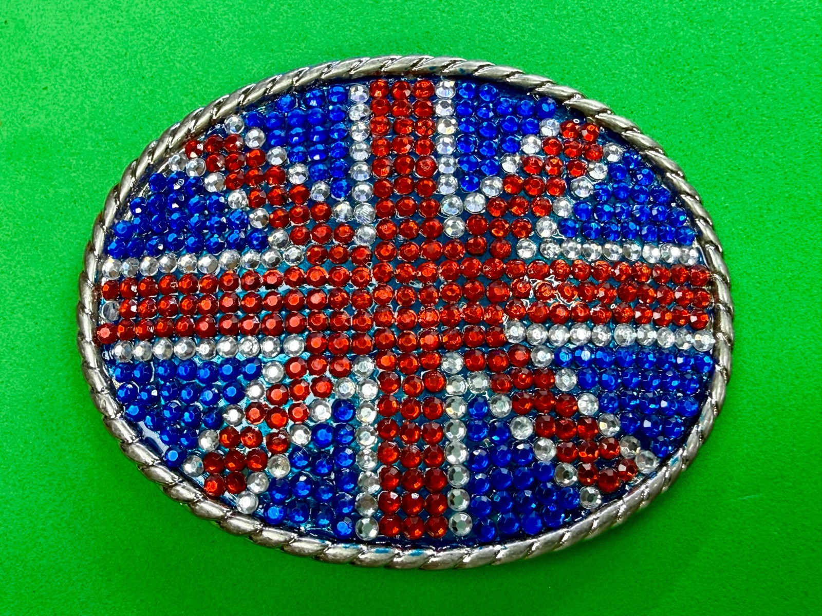 Union Jack UK British Flag Bling 80&rsquo;s Belt Buckle – Missing Rhinestone