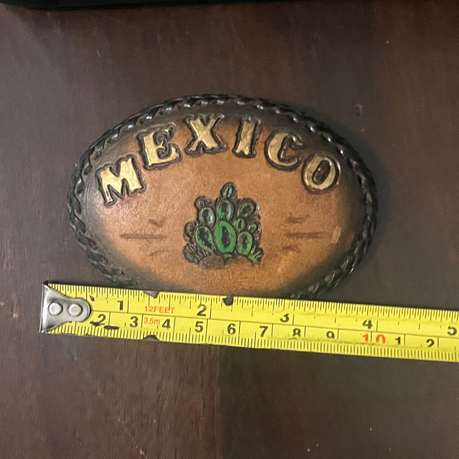 Vintage Tooled & Painted Mexico Souvenir Leather Belt Buckle Cactus Aluminum 70s