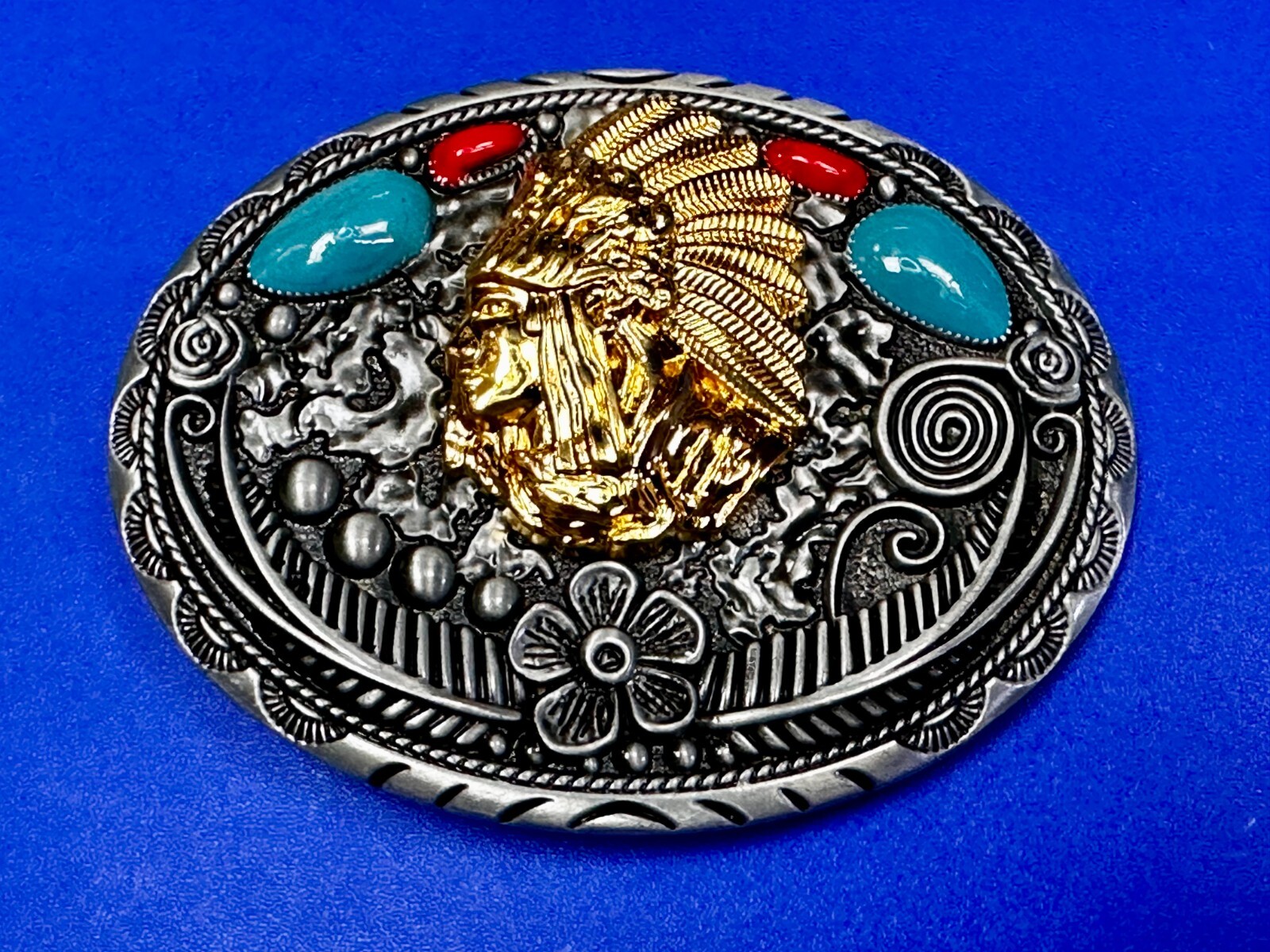Native American Indian Chief in Head Dress Faux Turquoise & Coral Belt Buckle