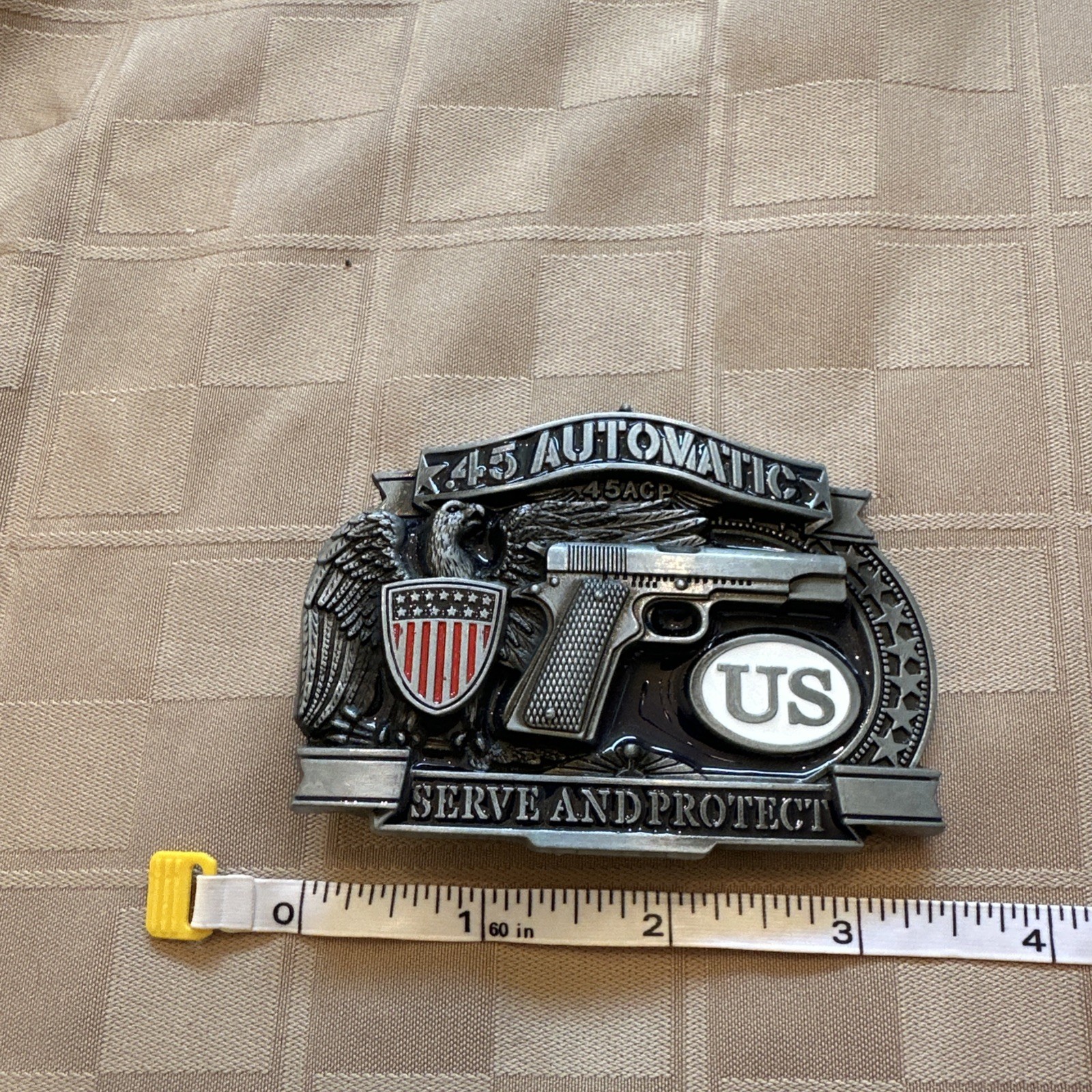 Metal Belt Buckle .45 Automatic Eagle US Shield Serve Protect 3D Silver Tone