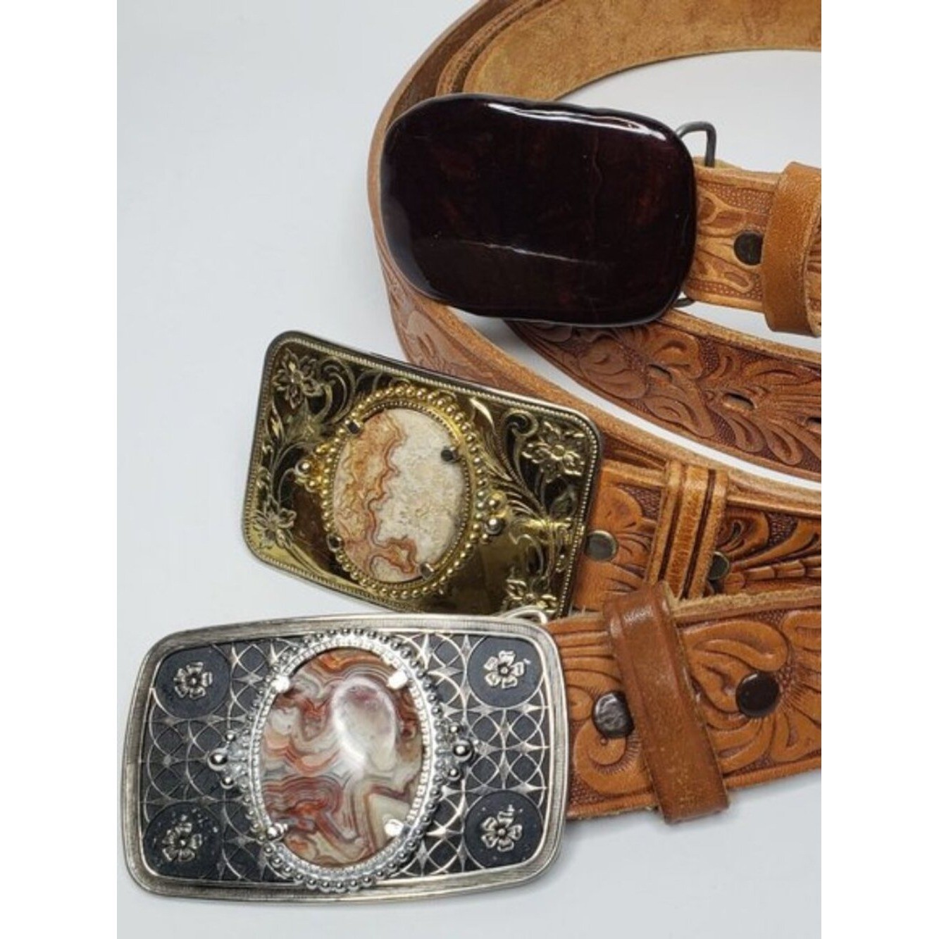 Vintage Three Handmade Western Leather Stone and Redwood Buckle Embossed Belts