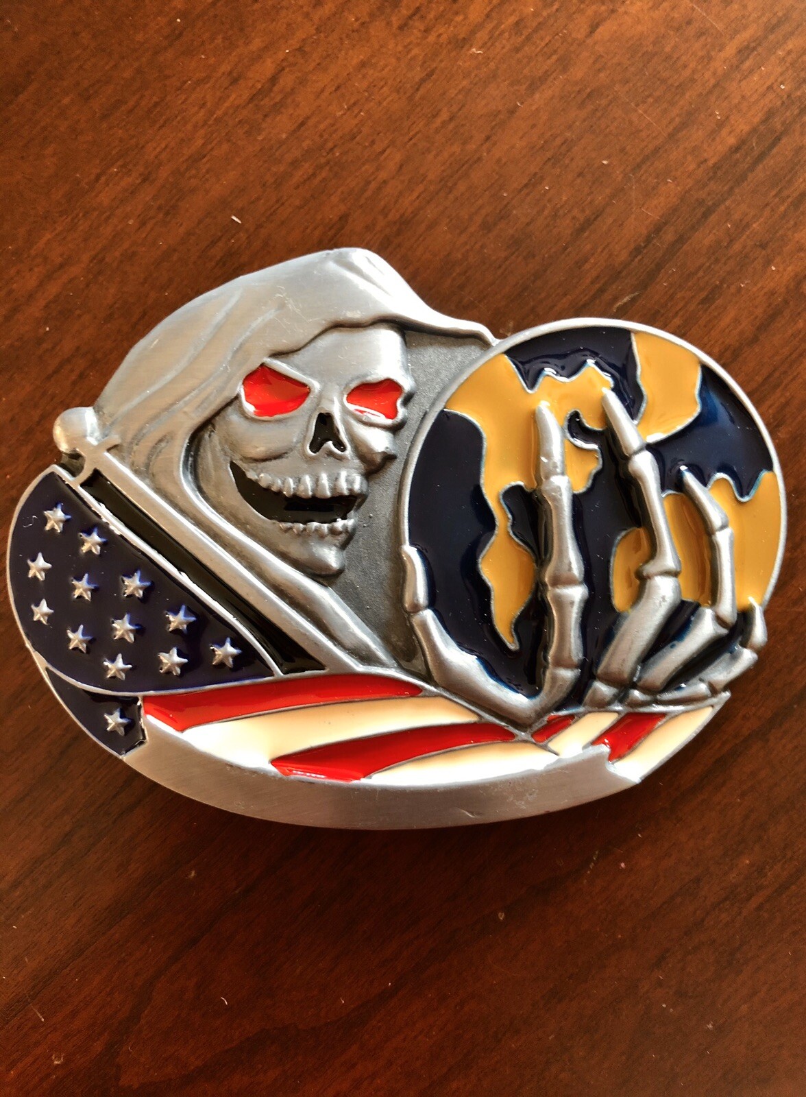 American Flag Grim Reaper Holding Earth Skeleton Metal Unisex Men’s Belt Buckle