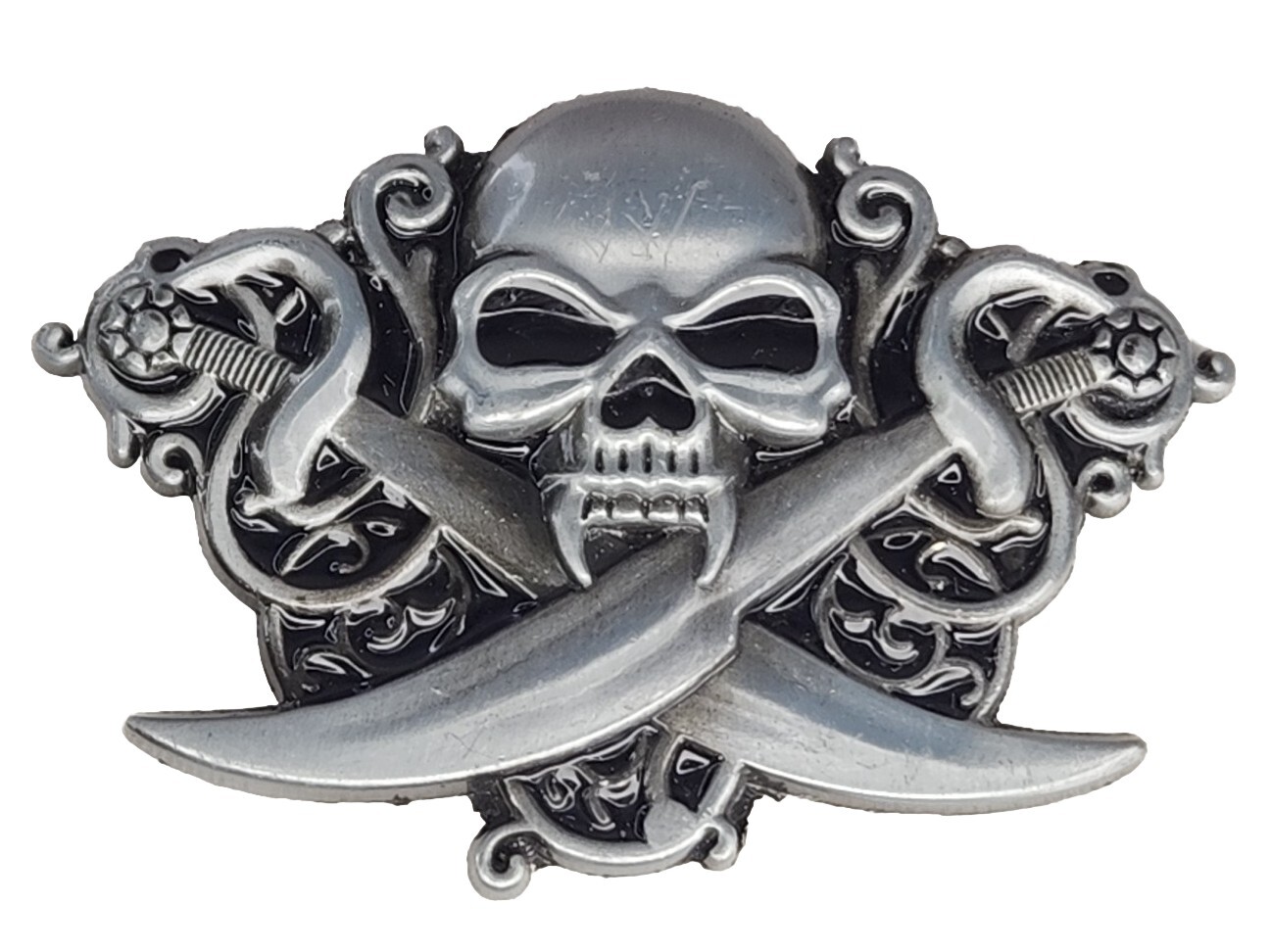 Unbranded Silver And Black Metal Skull w/ Swords Belt Buckle