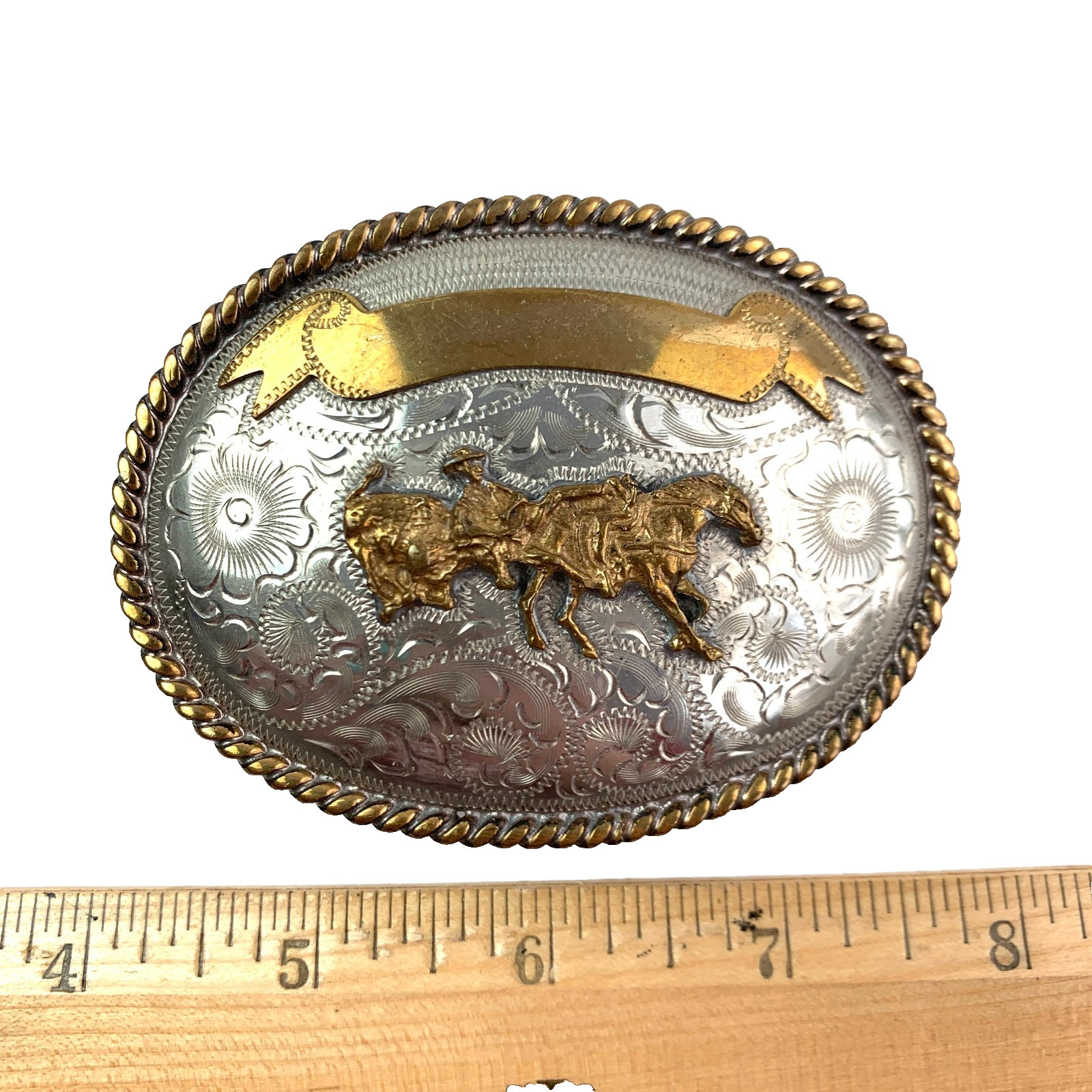 Vintage Alpaca Mexico Calf Roper Etched Silver Metal Belt Buckle