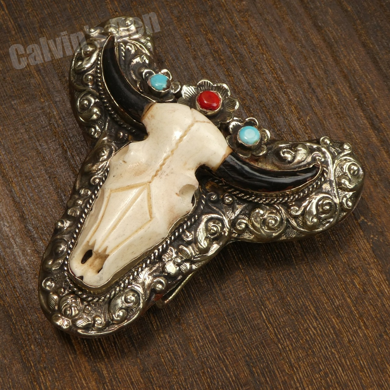 Hand Carved Bull Skull Western Floral Large Belt Buckle with Turquoise & Coral