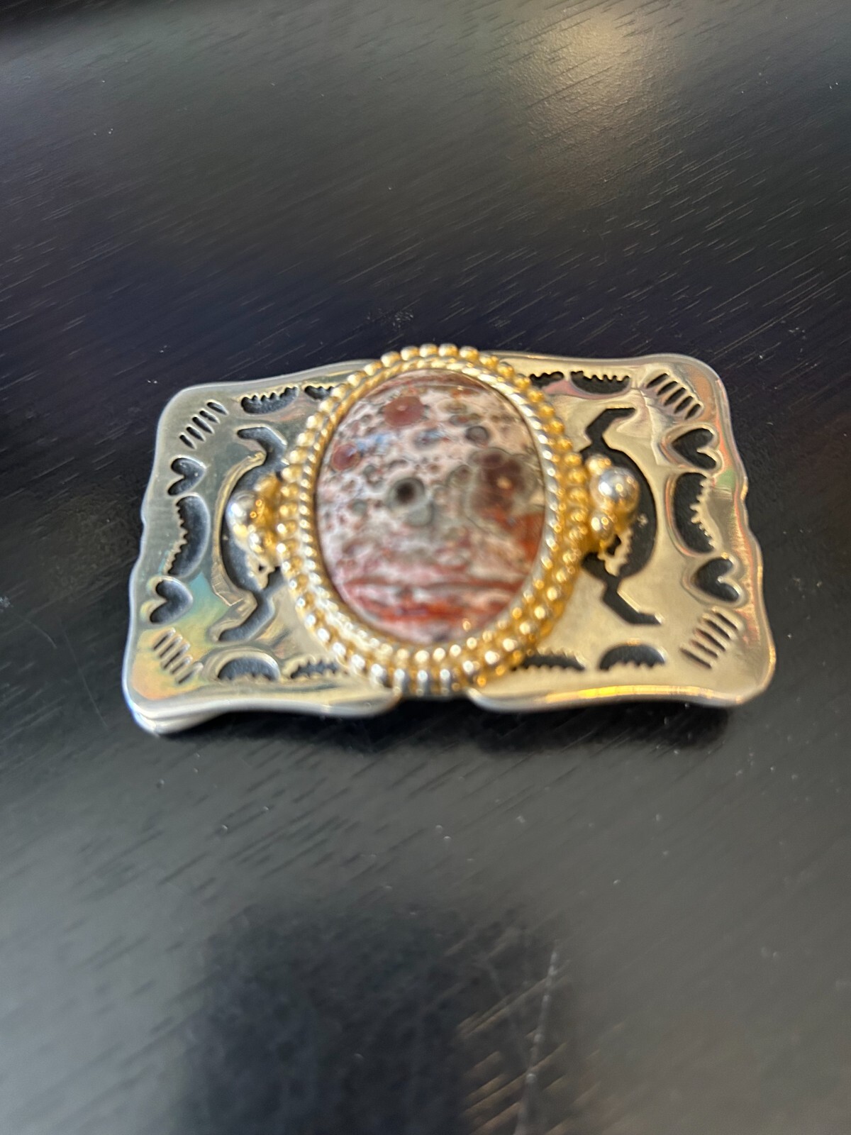 Vintage Collectible Leopard Skin Jasper Stone Metal Belt Buckle