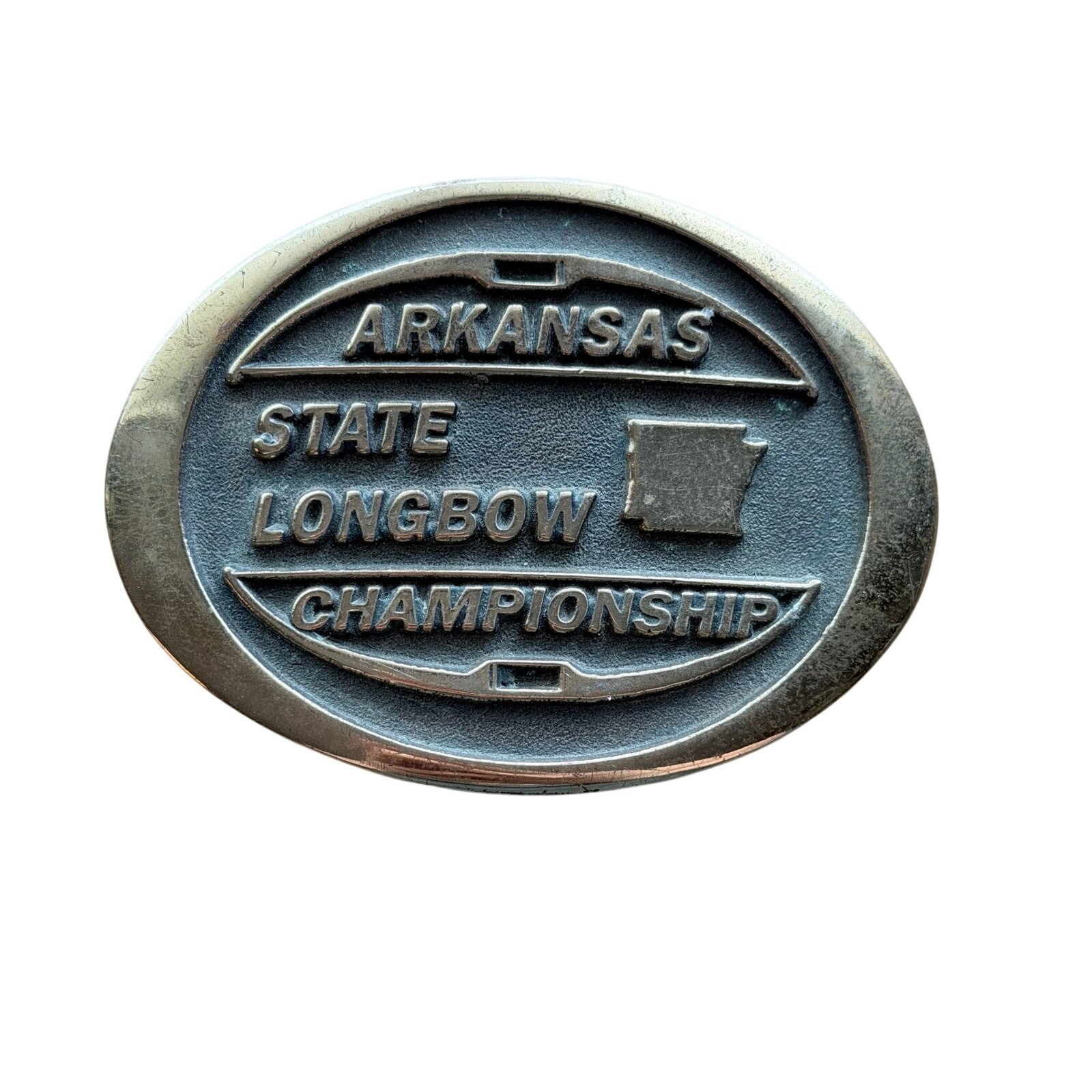 vintage arkansas state longbow championship belt buckle brass tone metal 1998