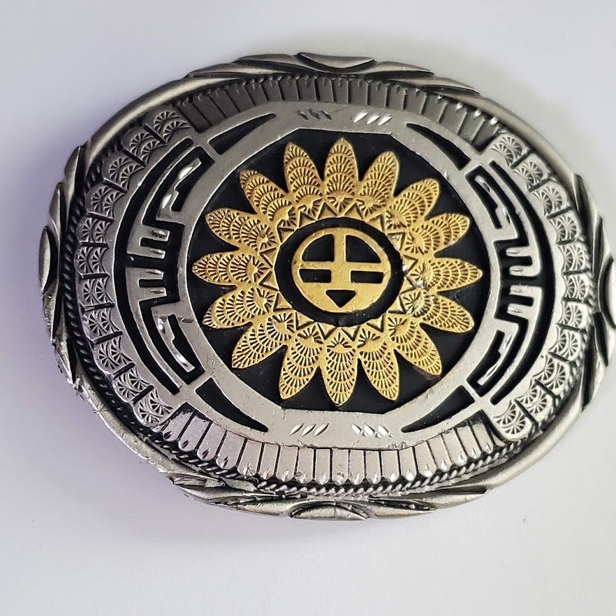 SSI Southwestern Hopi-inspired Sunface Belt Buckle Silver Gold Tone Metal
