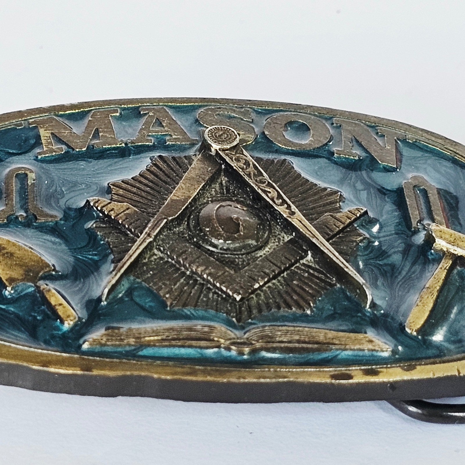 1986 The Great American Buckle Co Mason Belt Buckle Teal Enamel Masonic G USA