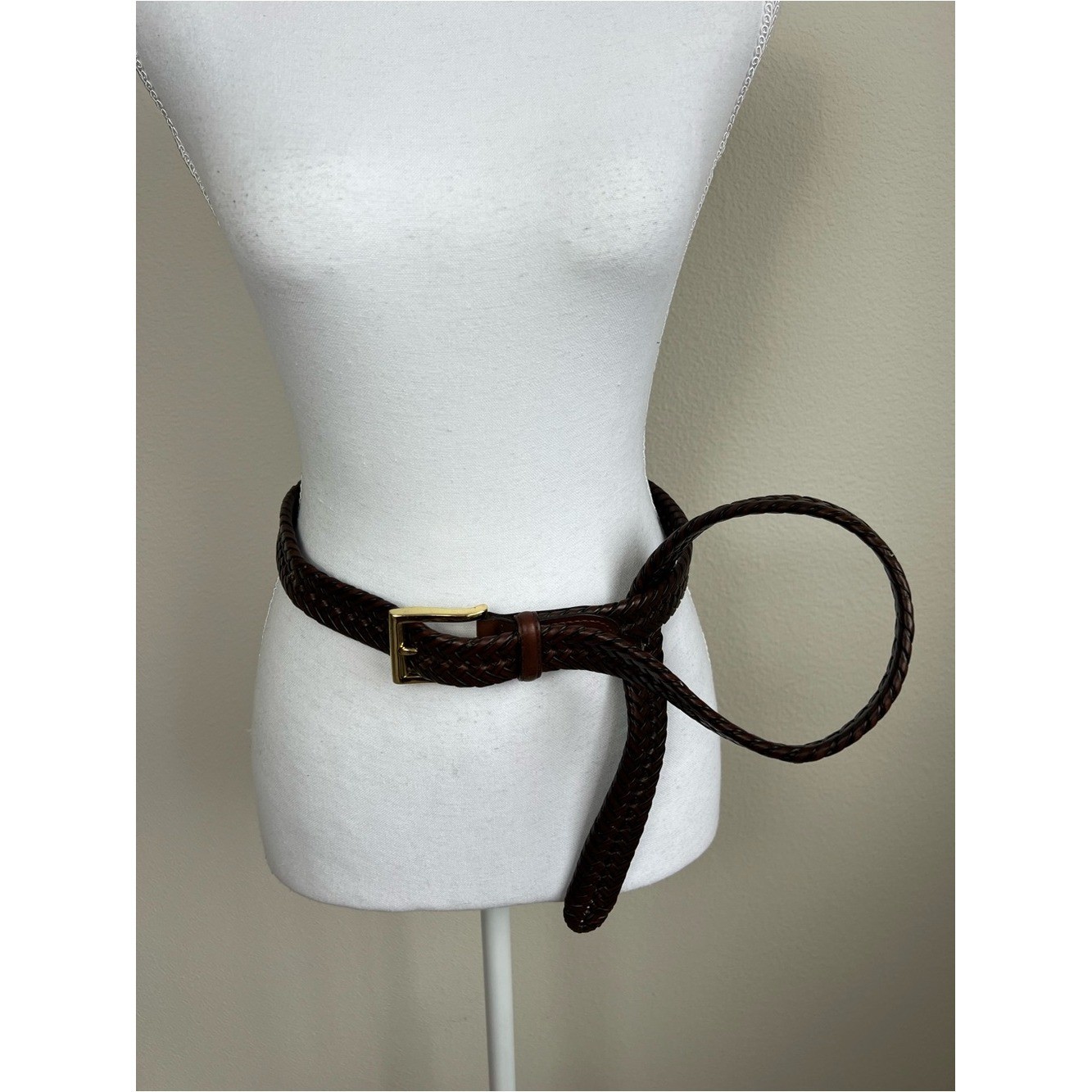 ALD Woven Braided Brown Leather Belt Gold Buckle Preppy Equestrian 48 Old Money