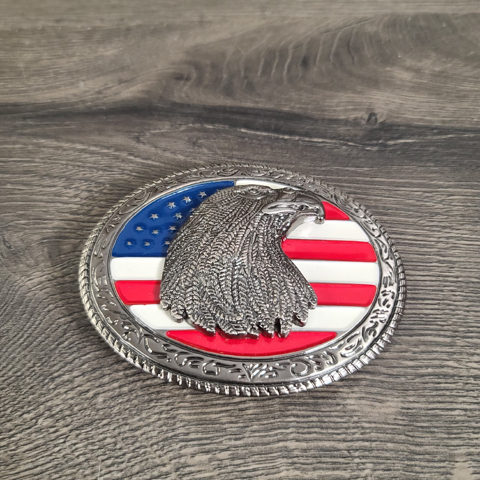 Oval American Flag w/Eagle Head Belt Buckle Antique Silver Tone Red White Blue