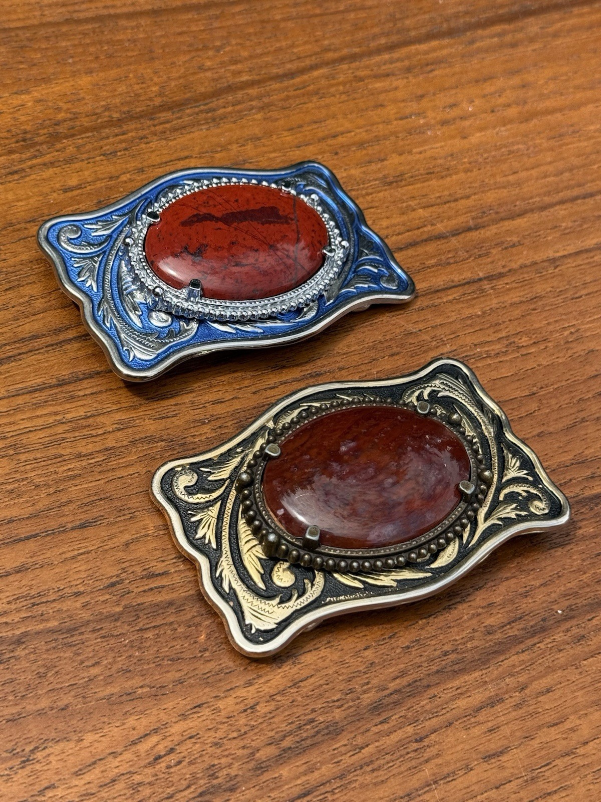 Men’s Western Belt Buckle Lot 2 Blue Silver Floral Red Stone Rectangular 1.5&Prime;