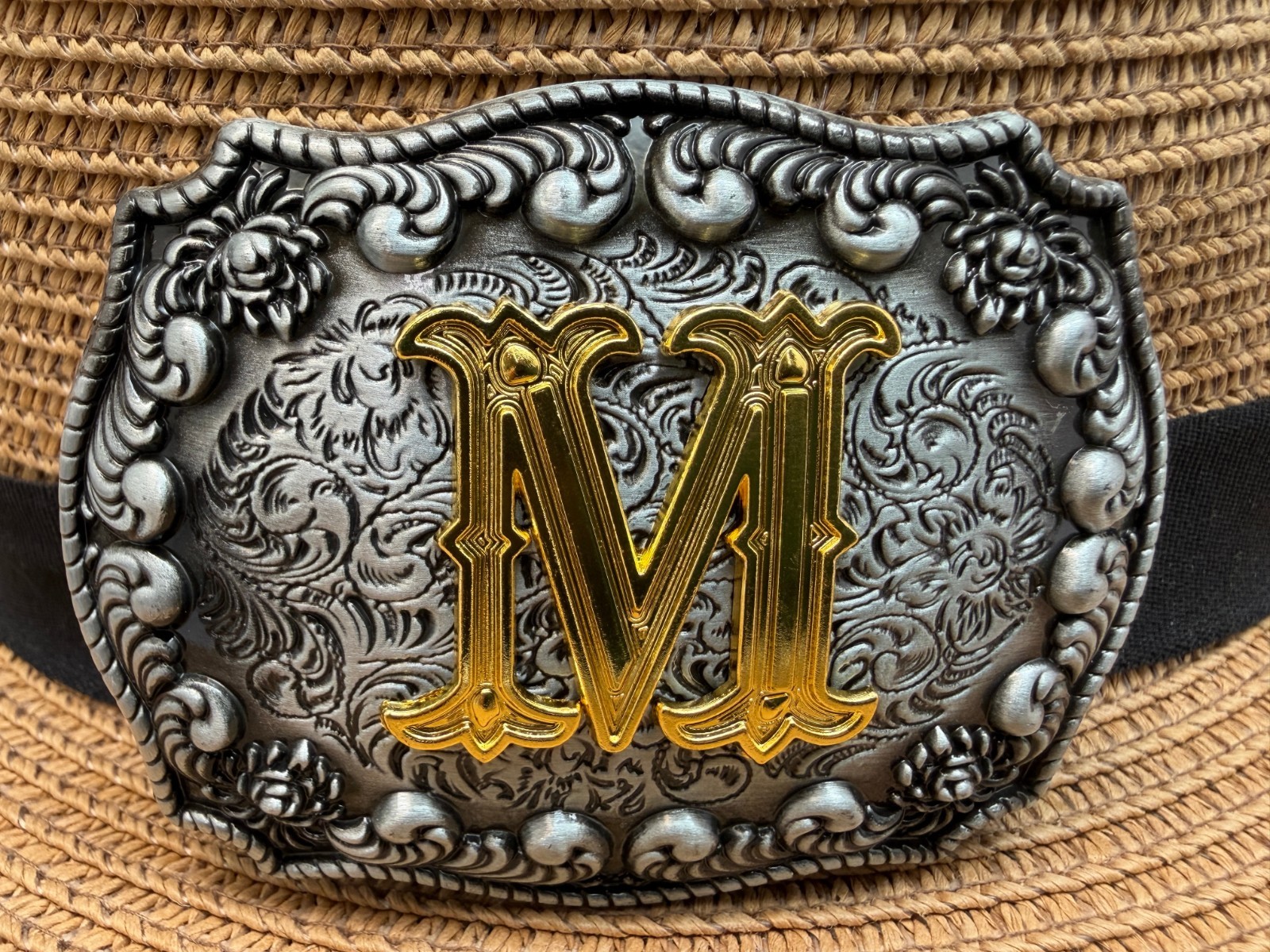 Antiqued Silver Gold Initial M Rectangle Western Cowboy Floral Vine Belt Buckle