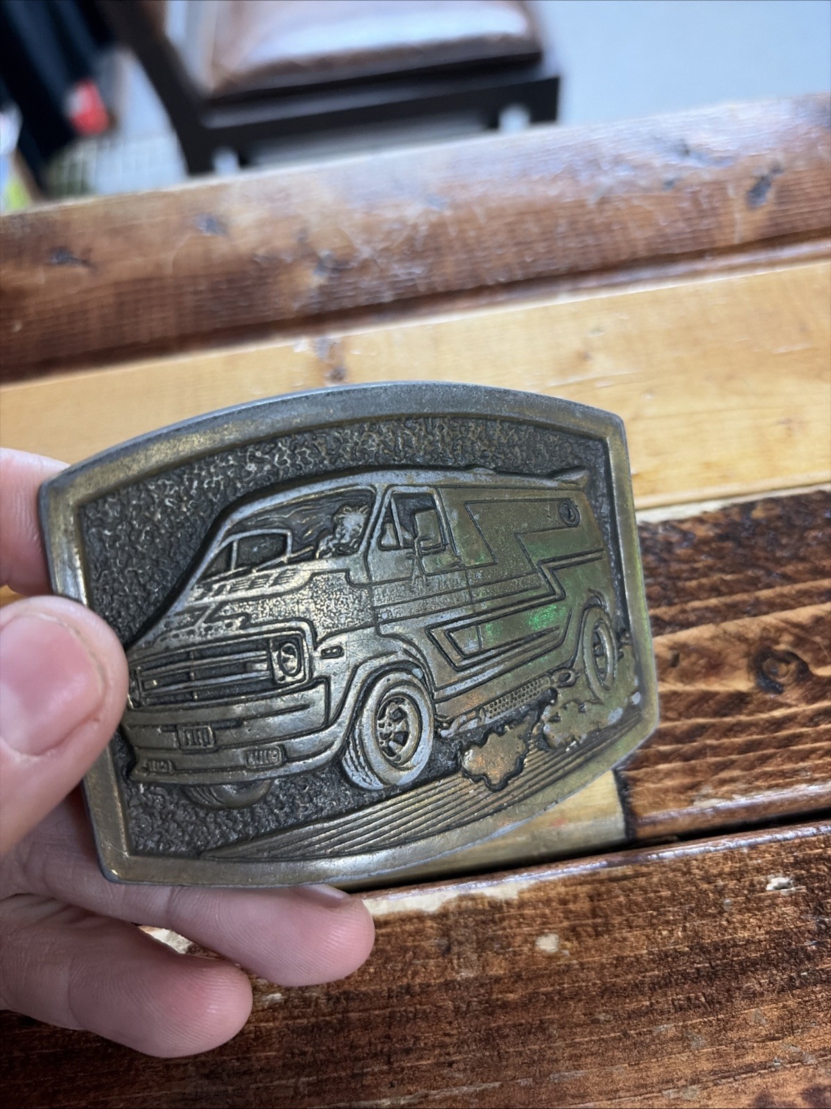 Vintage Dodge Van Solid Brass Belt Buckle 70s Hippie