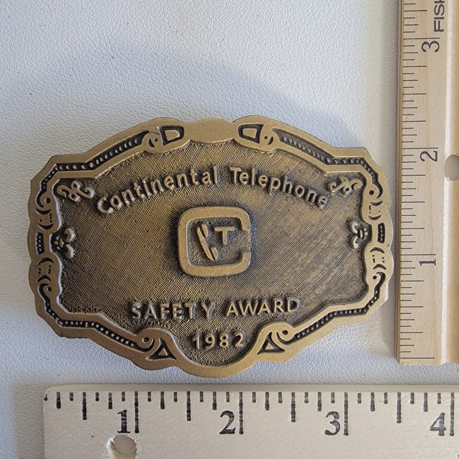 Vntg Brass Belt Buckle Continental Telephone Safety Award 1982 Mens Collectible