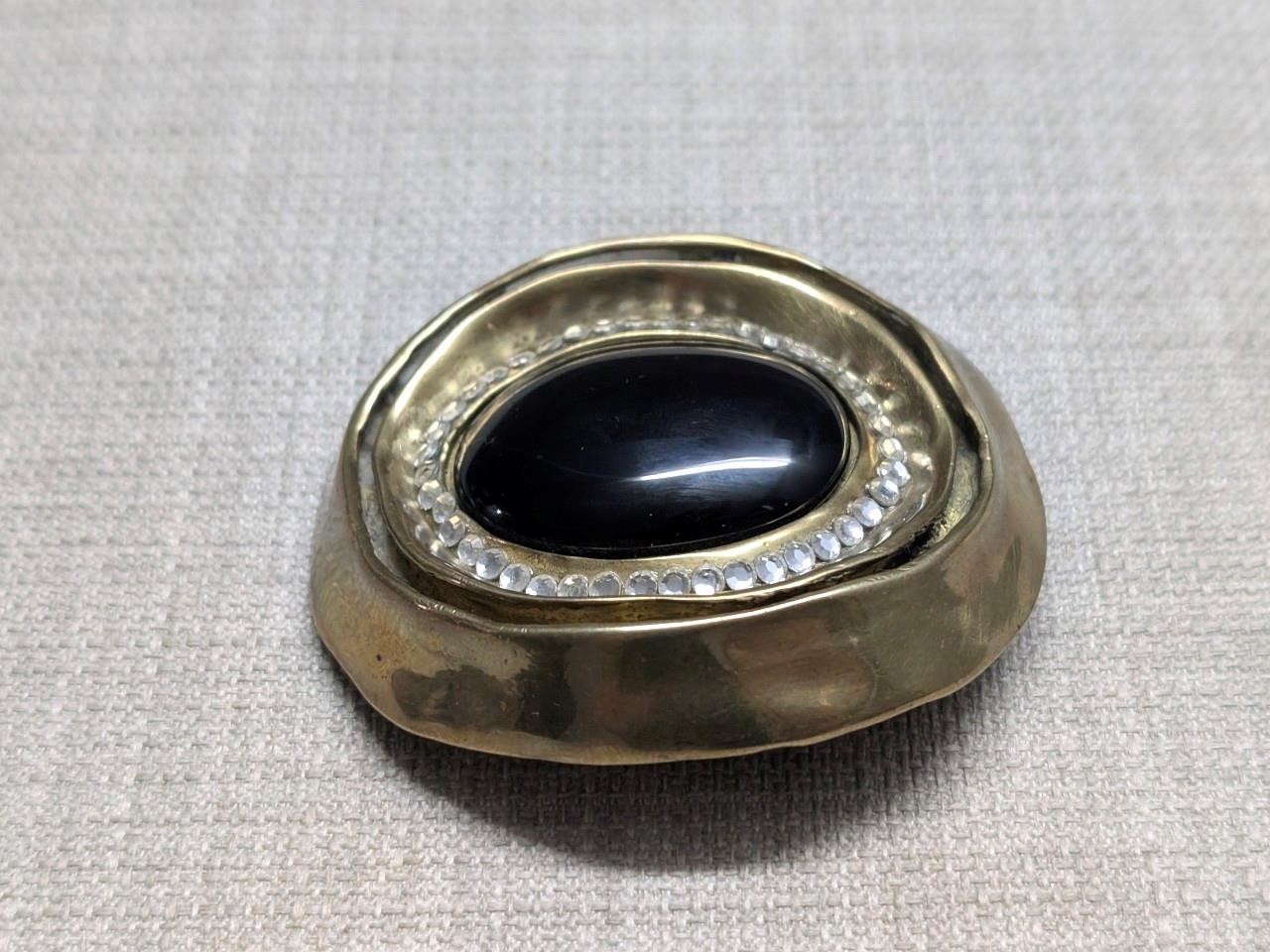 vintage HANDCRAFTED belt buckle ONYX gemstone SIGNED bronze brass BRUTALIST glam