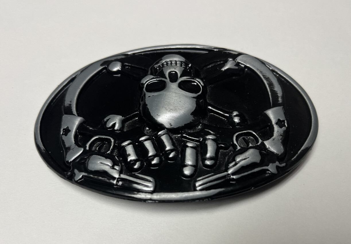 Skull and Crossbones, Black/Silver Metal Motorcycle Biker Belt Buckle
