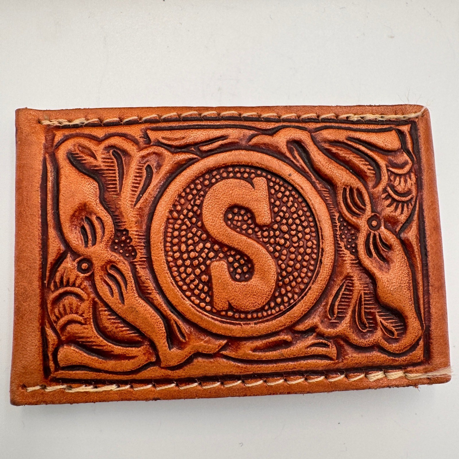 Vintage Hand Tooled Leather Belt Buckle Monogram Initial S Western Floral Tan