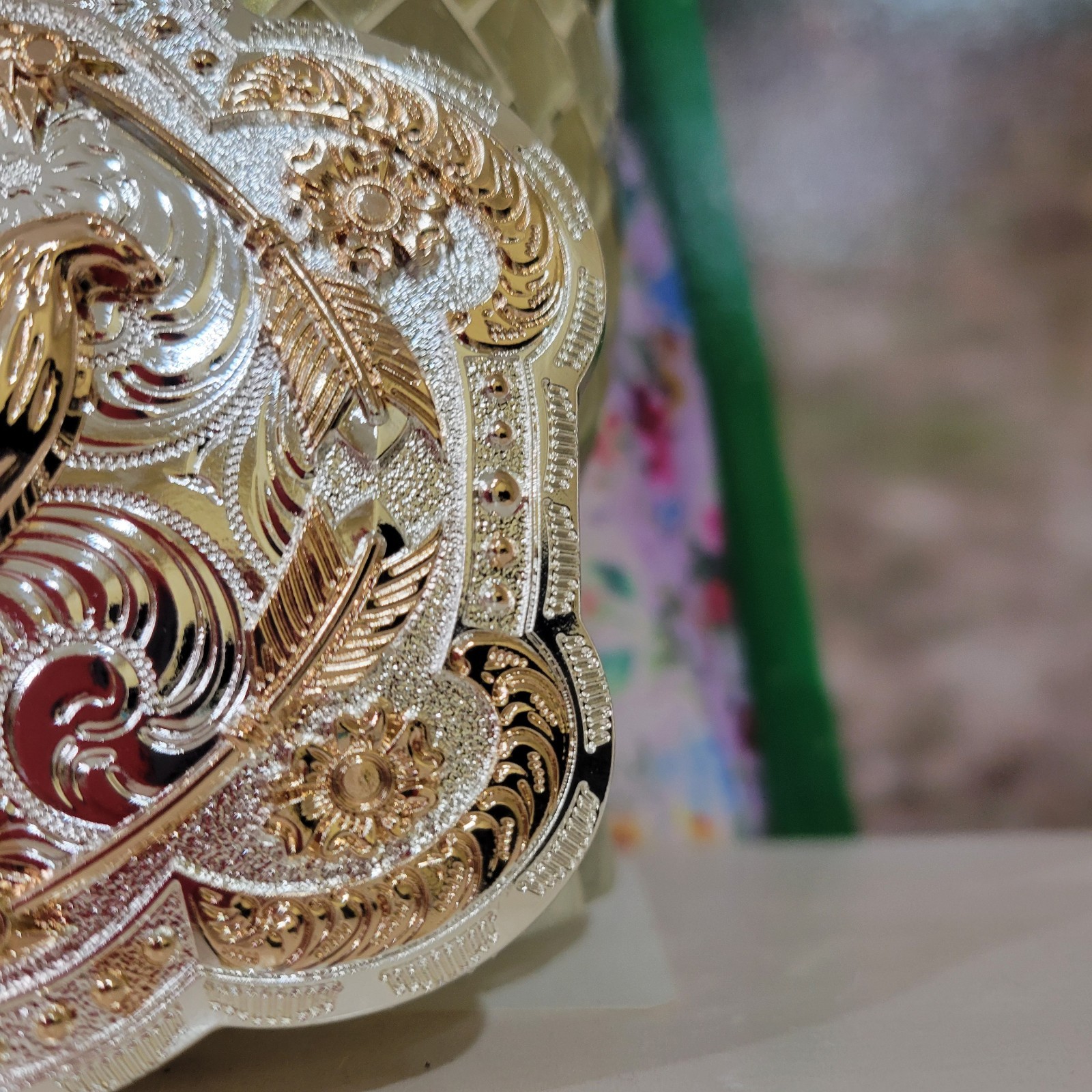 Rooster Western Belt Buckle Rose Tone And Silver Rare Piece With Feather Accents