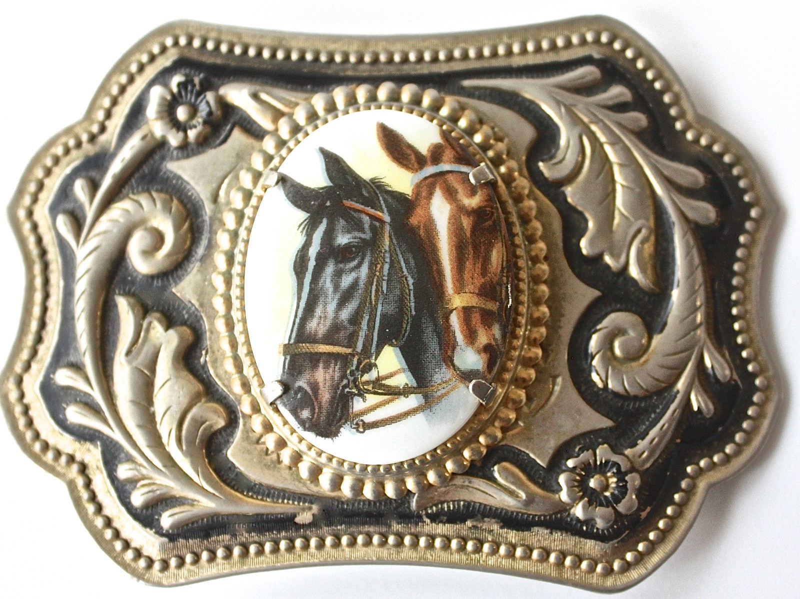 Vtg Equestrian Western Belt Buckle Porcelain Horse Portrait SIlver and Gold Tone