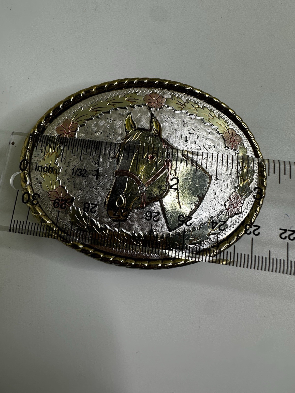 VINTAGE SILVER PLATED HORSE THEME BELT BUCKLE Western Tri Color ROSE AND YELLOW
