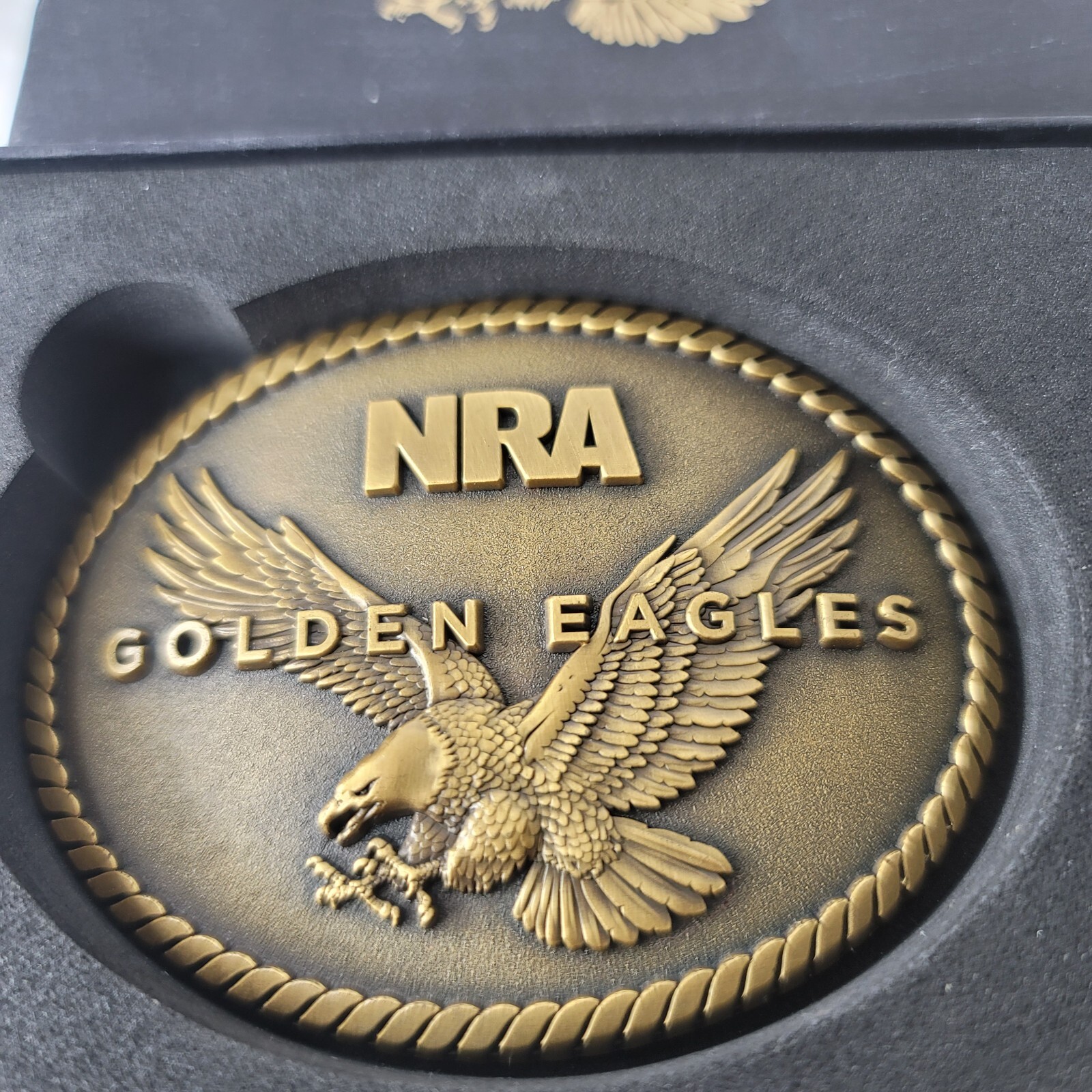 NRA Golden Eagles Belt Buckle New In Box Bronze Tone Appx 2.5 x 3.25&Prime;