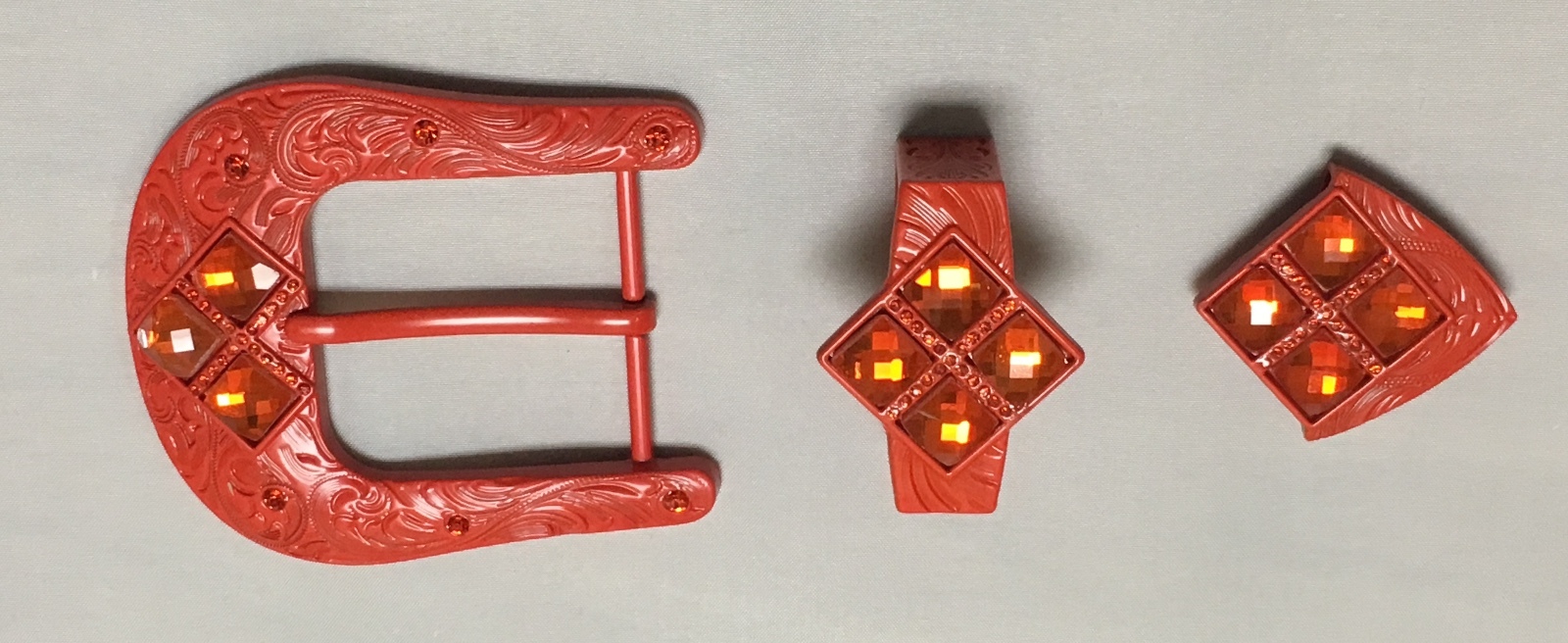 WESTERN BUCKLE SET 3PCS MANDARIN ORANGE WITH MATCHING COLOR STONES 1.5&Prime; WIDE,