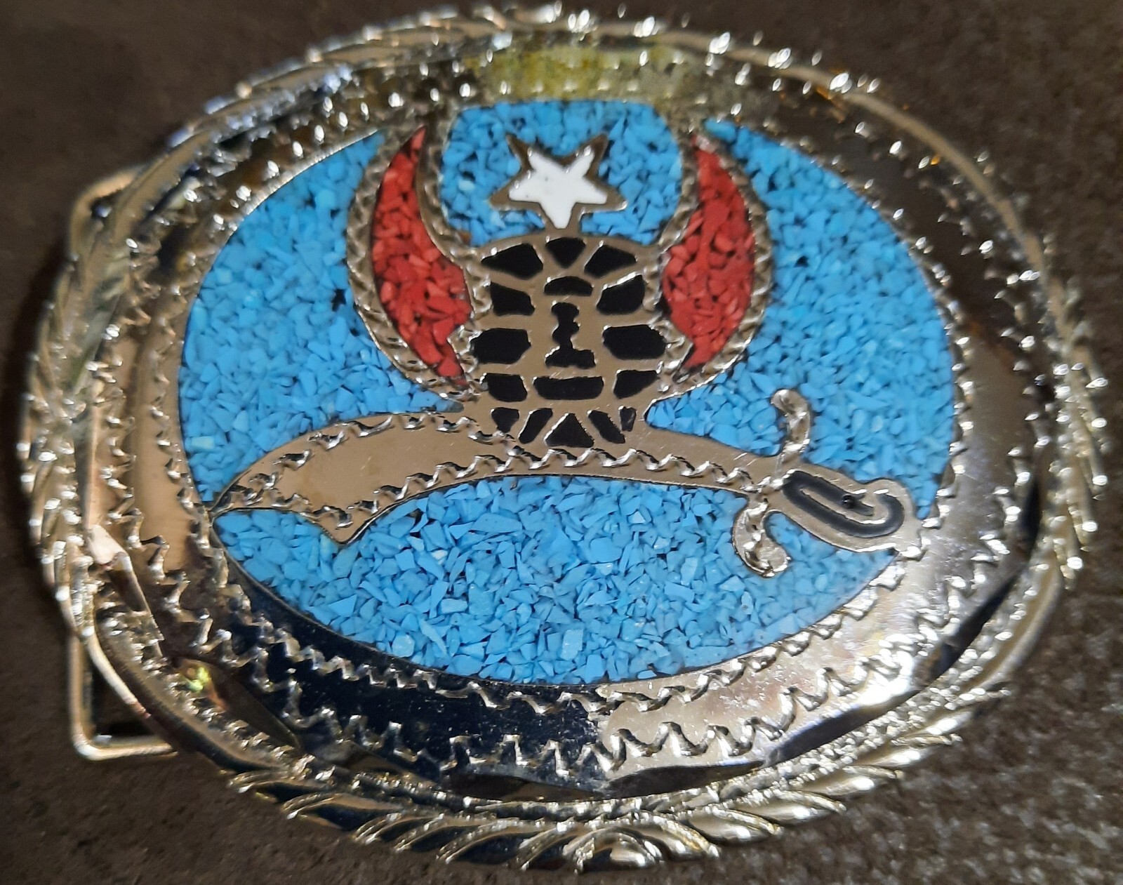 Vintage Handcrafted Silver Tone, Red and Turquoise Chips, White Belt Buckle 1984