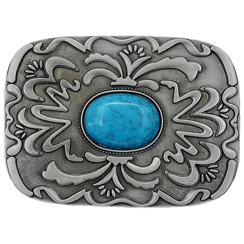 Men Women Antique Silver Metal Ethnic Belt Buckle Turquoise Filigree Casual Day