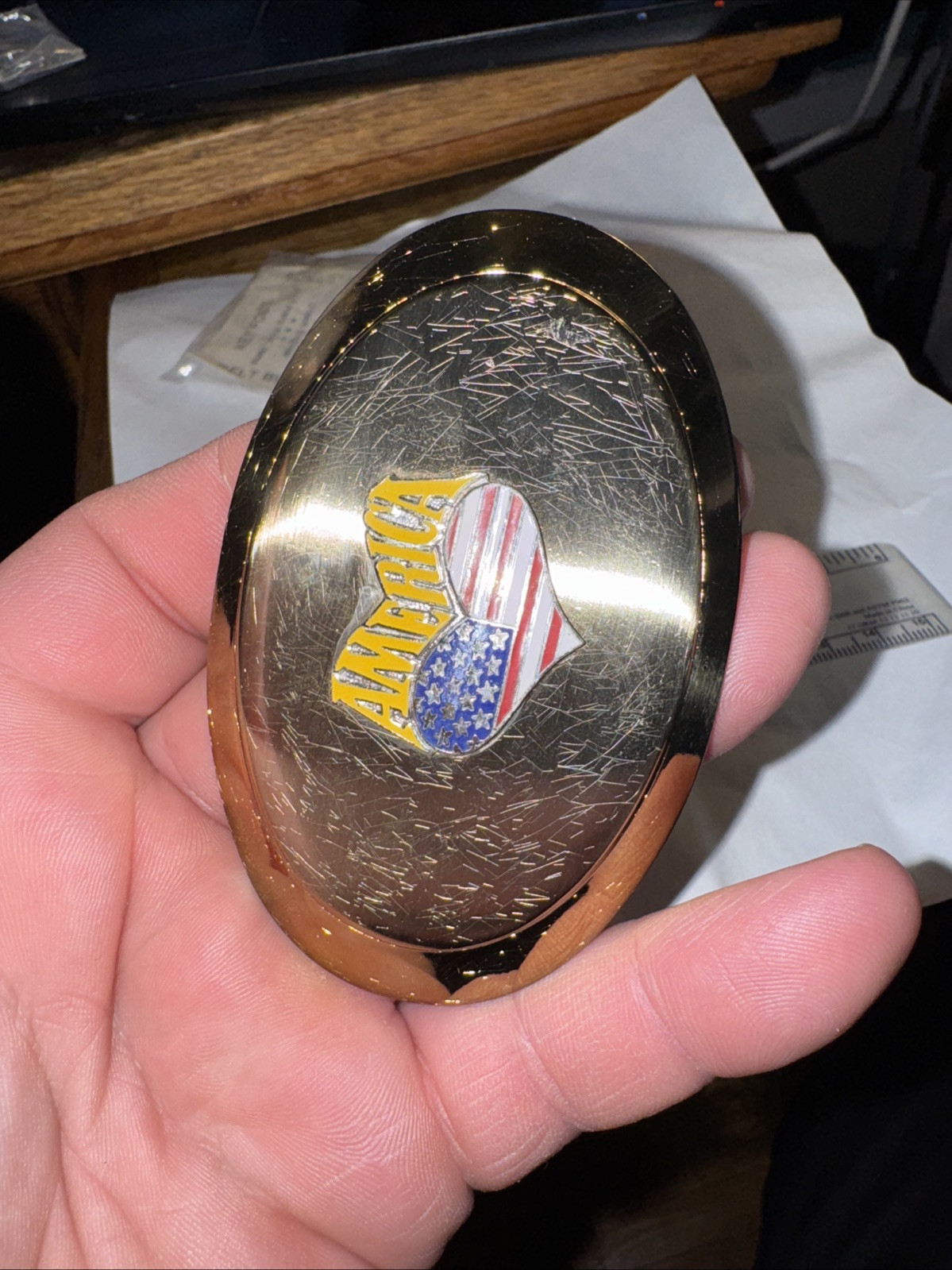 Vintage America Heart Flag Gold Belt Buckle Rare Fast Free Shipping