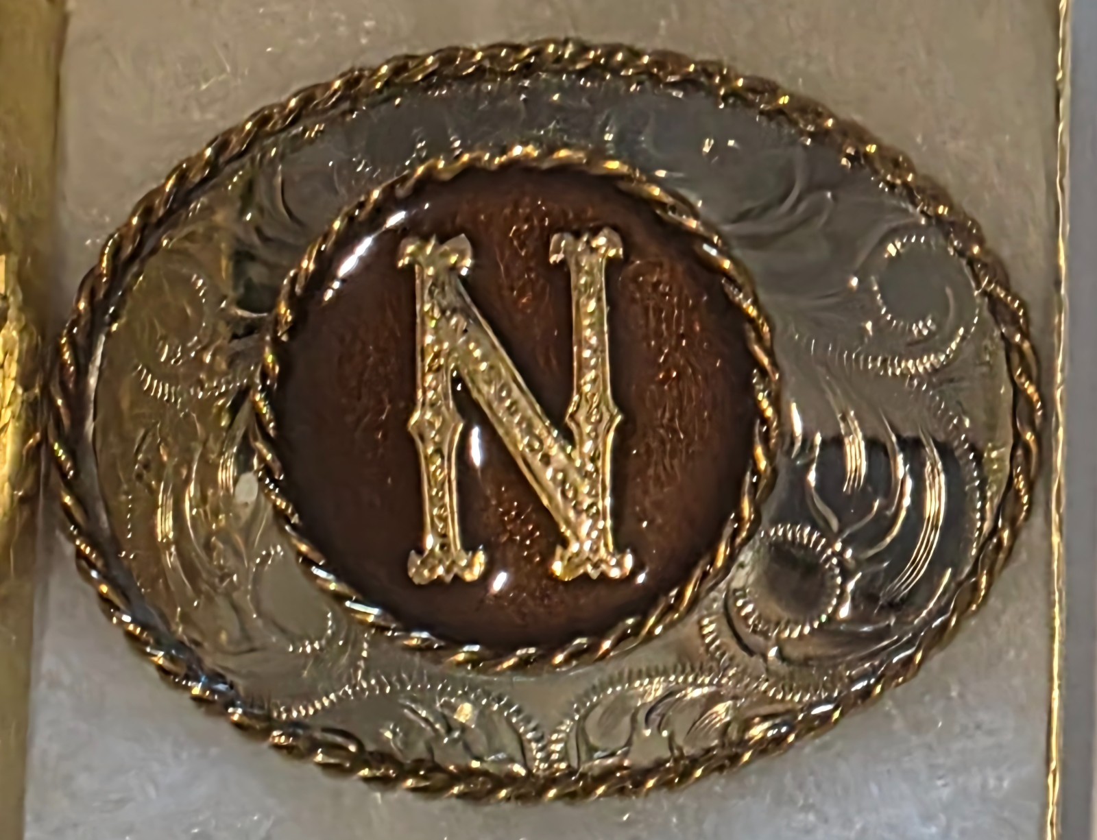 Vintage Metal Belt Buckle, Brass and Enamel, Letter N, Initial N Nice German