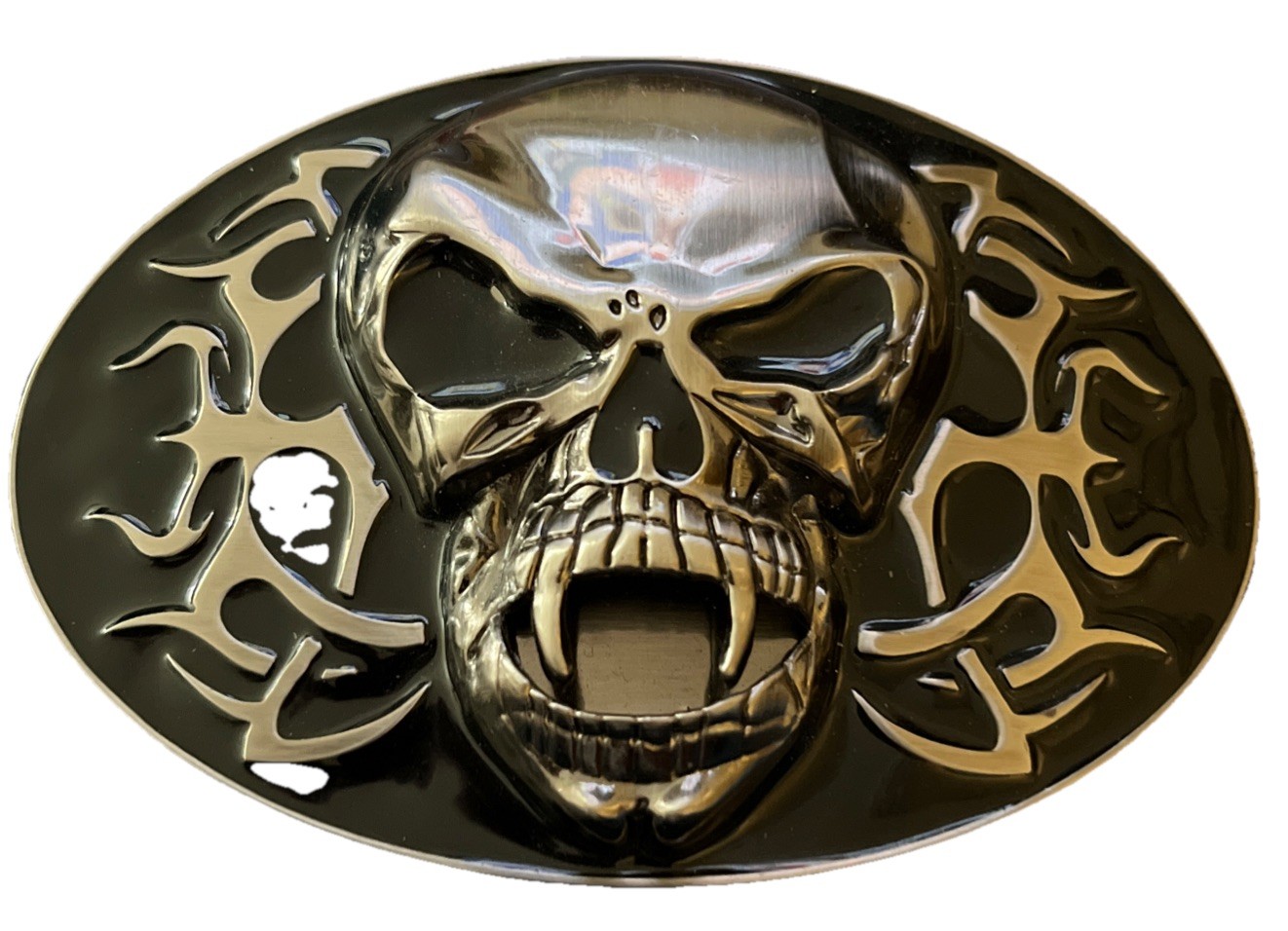 Skull w/ Fangs Belt Buckle Silver Toned with Black Enamel Vampire 🧛