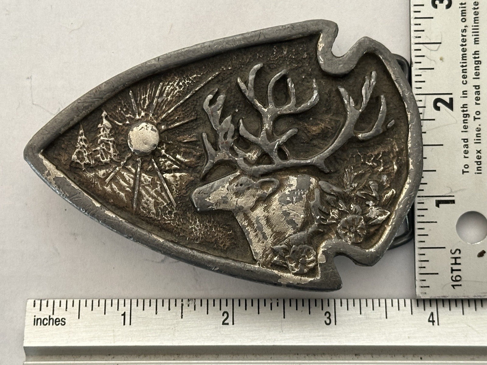 Vintage Elk Deer Sunshine Trees Scene Belt Buckle Heavy Triangle Sec Cast USA