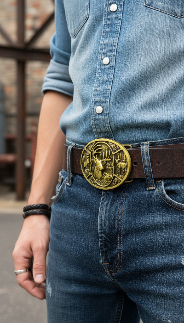 Men Dark Gold Metal Belt Buckle Deer Nature Western Fashion Accessory Day Night