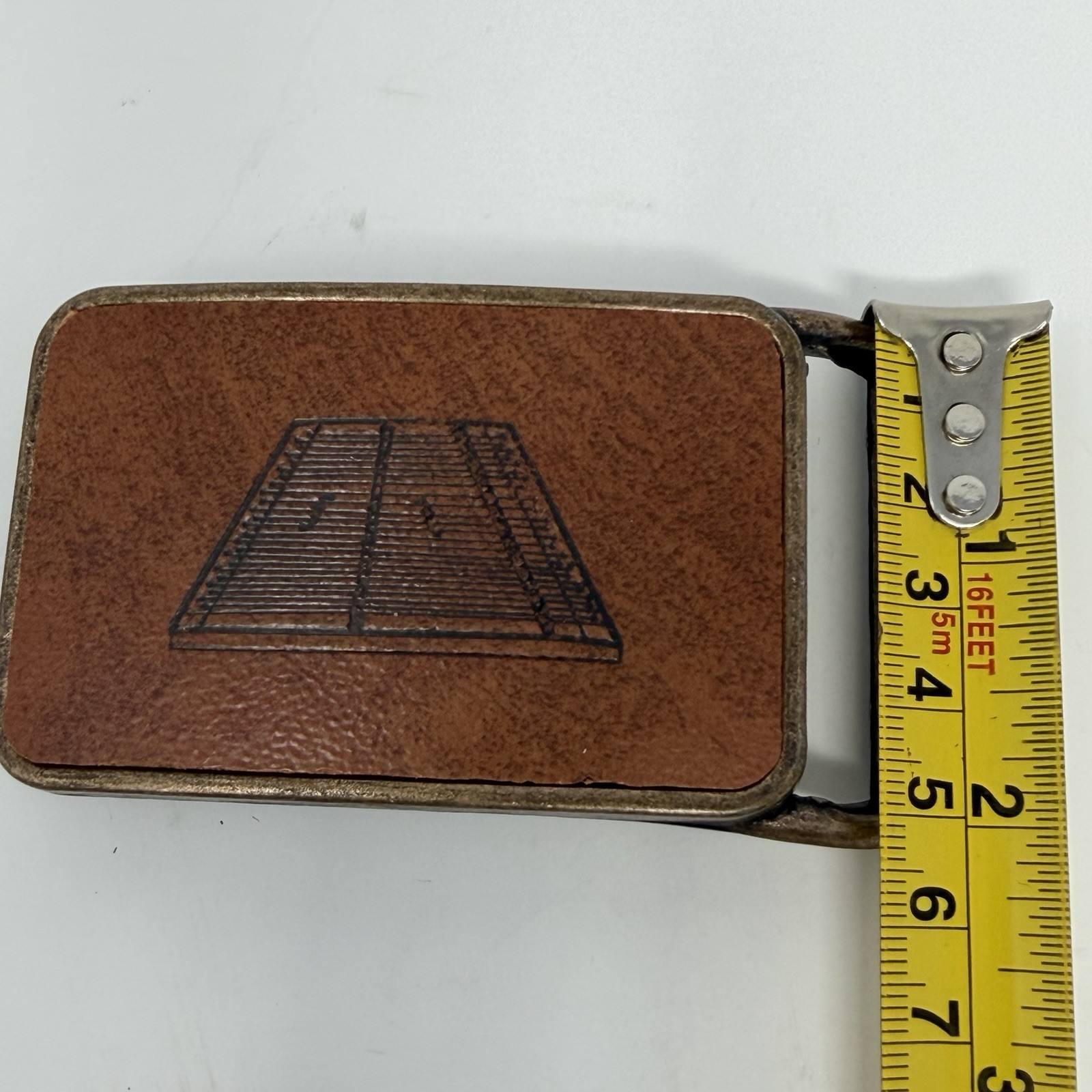Vintage Tennis Court Belt Buckle Brass Tone Leather Inlay Jim Tait Engraving 70s