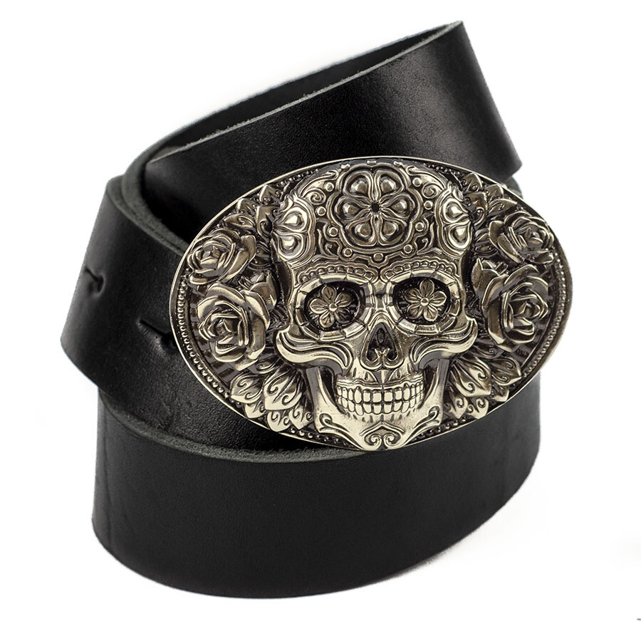 Santa Muerte german silver belt buckle, Skull El Día de Muertos belt buckle