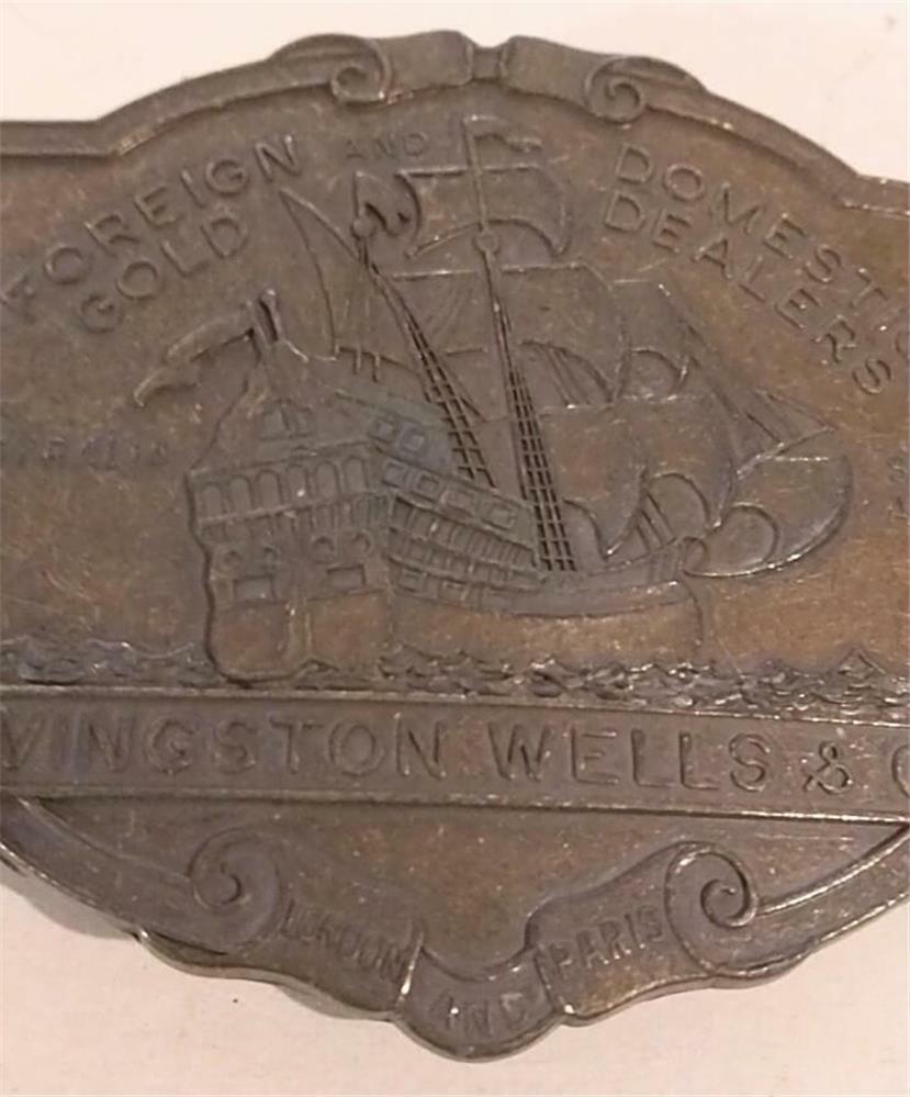 Vintage Livingston Wells & Co Gold Dealers Clipper Ship Belt Buckle Bronze Color