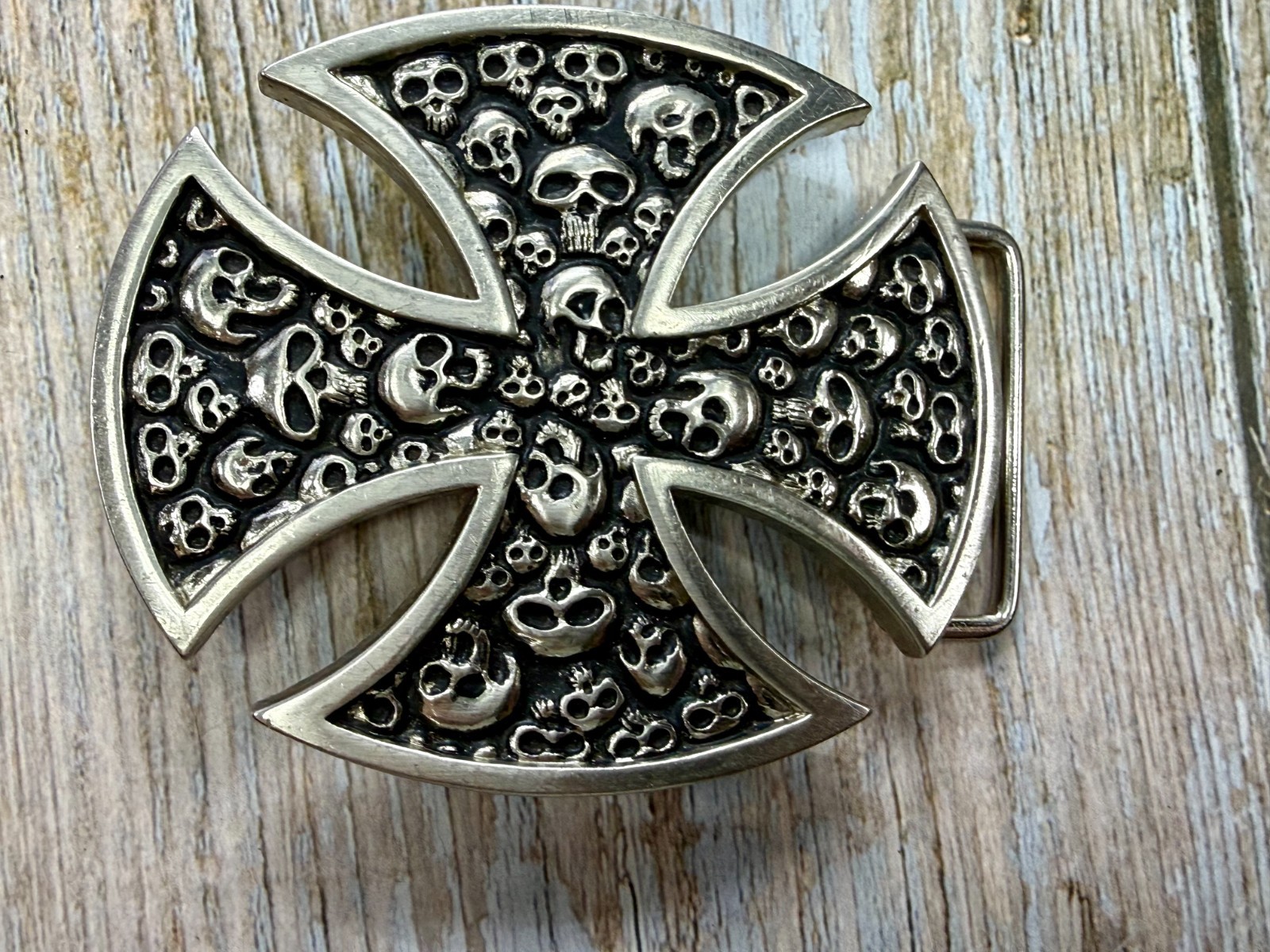 Maltese Iron Cross Studded Skull Design Gothic Punk Vibe Cutout Belt Buckle