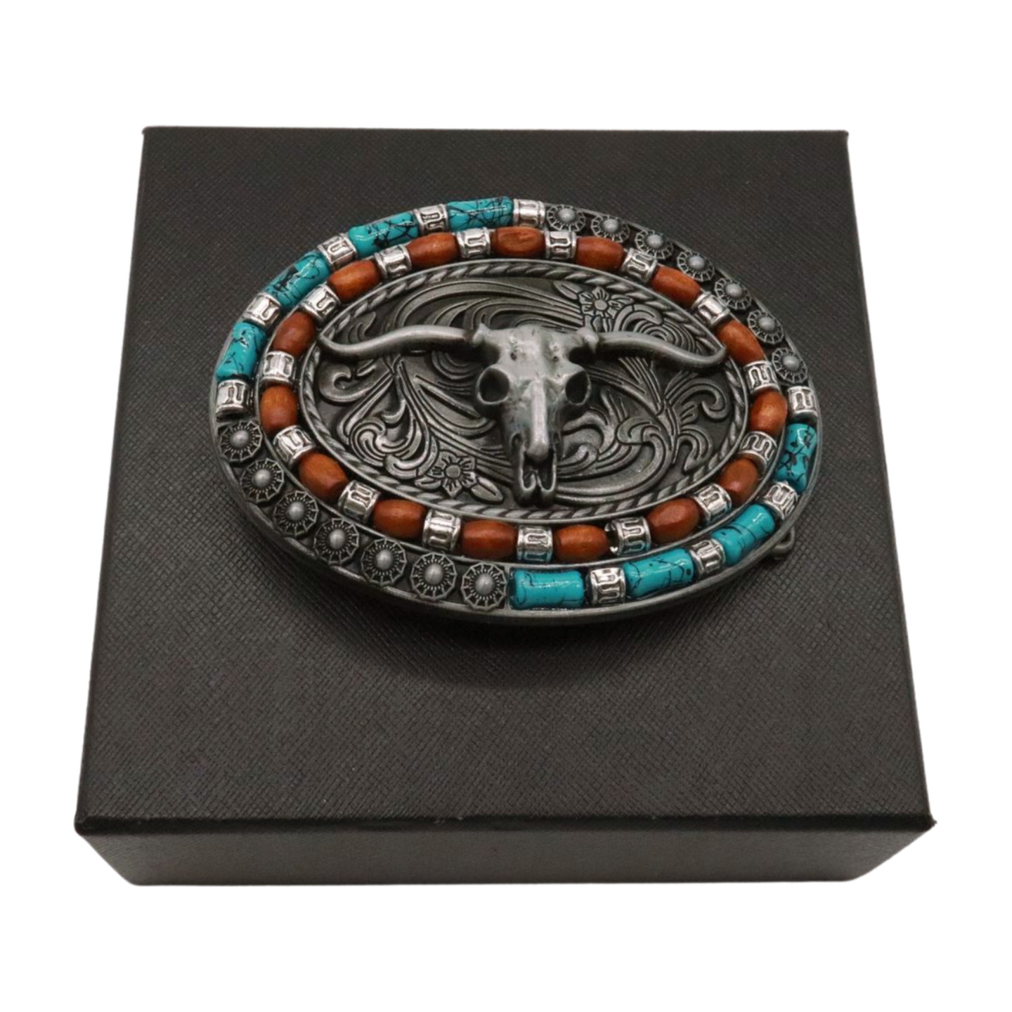 Men Dark Silver Metal Belt Buckle Western Fashion Bull Long Horn Texas Cow Skull