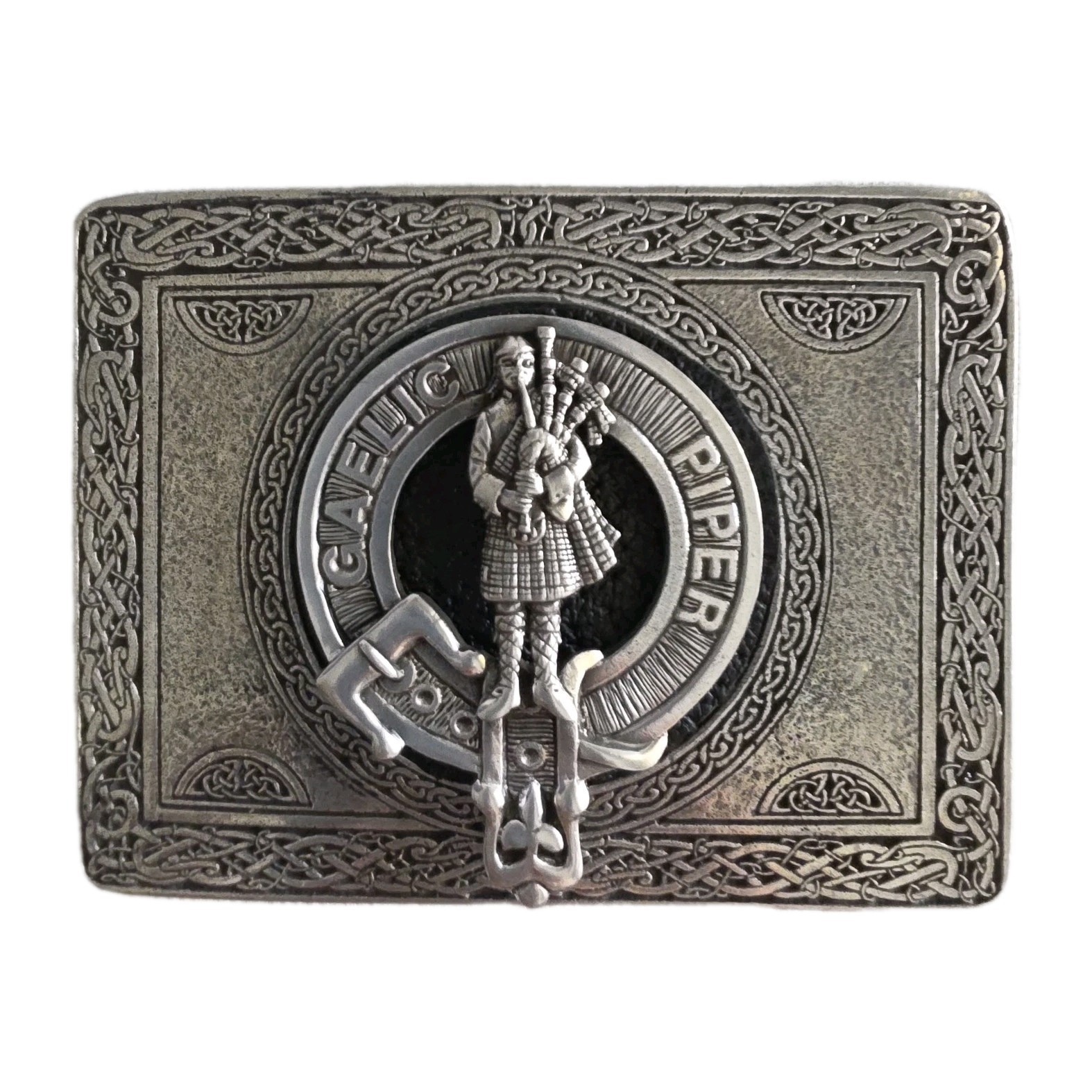 Rectangle Pewter Clan Belt Buckle w/ Pewter Gaelic Piper Crest Pin (Removeable)