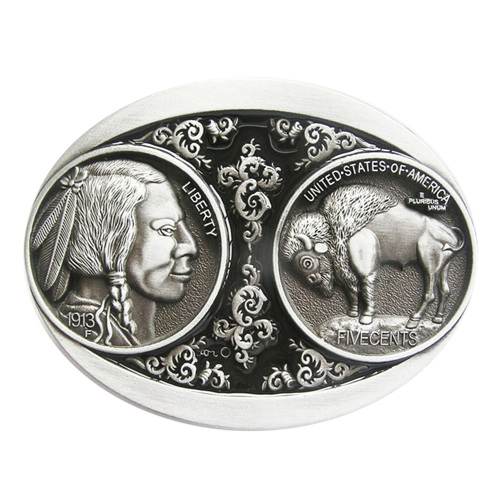Vintage US 5 Cent Buffalo Nickle Indian Western Black Enamel Metal Belt Buckle