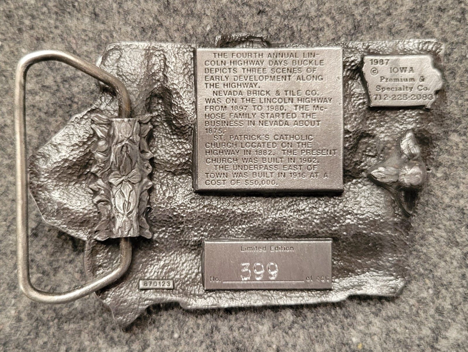 1987 Lincoln Highway Days Nevada, Iowa Belt Buckle 3 1/2 x 2 1/2&Prime; Pewter
