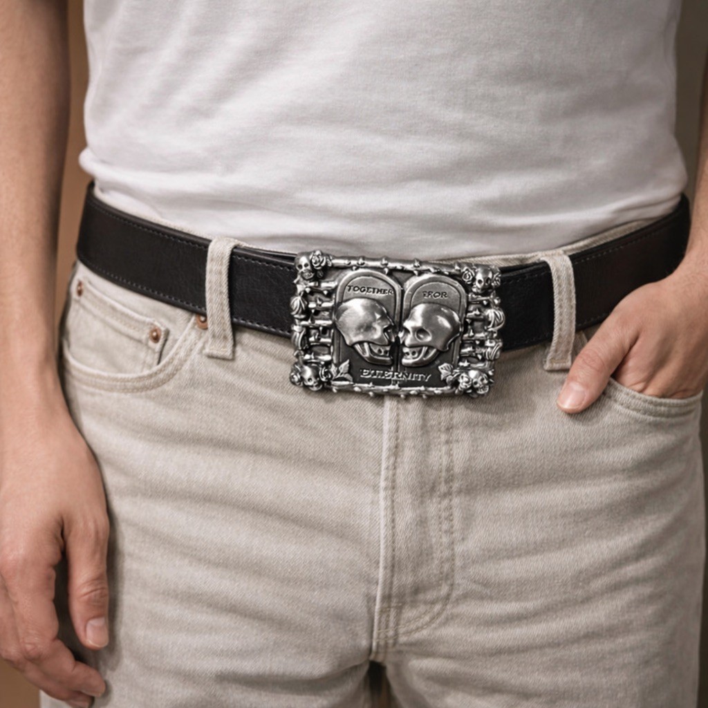 Gothic Skull Belt Buckle, Together for Eternity, Antique Silver Zamak