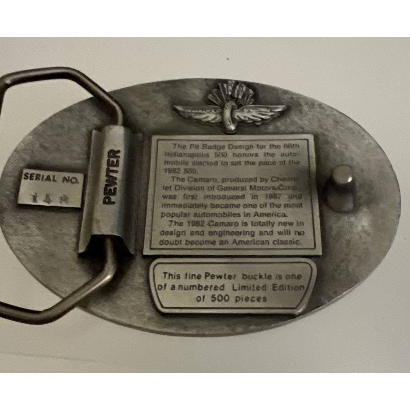 Vintage 1982 Indianapolis 500 Chevrolet Camaro Pewter Belt Buckle Limited No 148